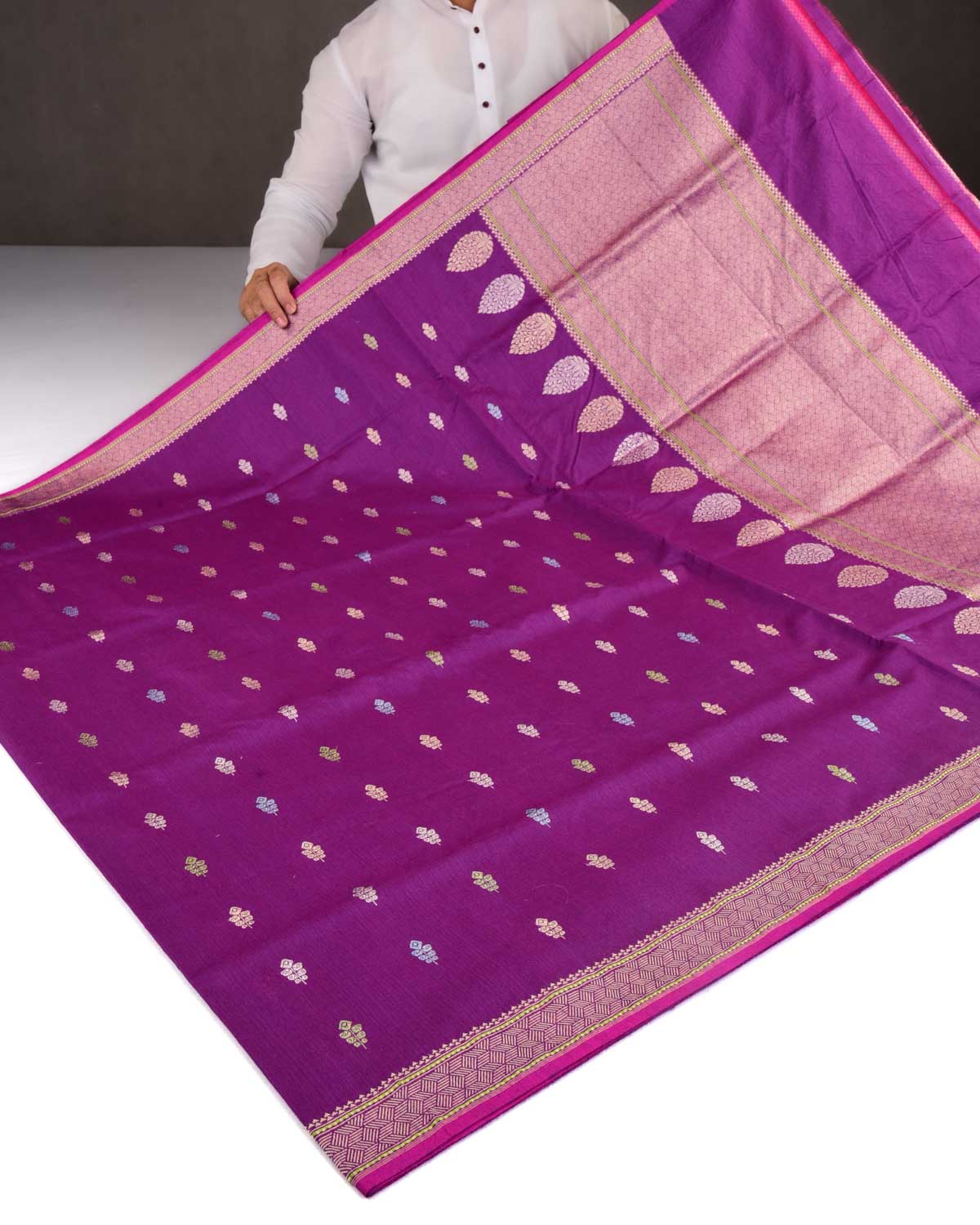 Shot Purple Banarasi Gold & Silver Colored Zari Buti Kadhuan Brocade Handwoven Muga Silk Saree-HolyWeaves