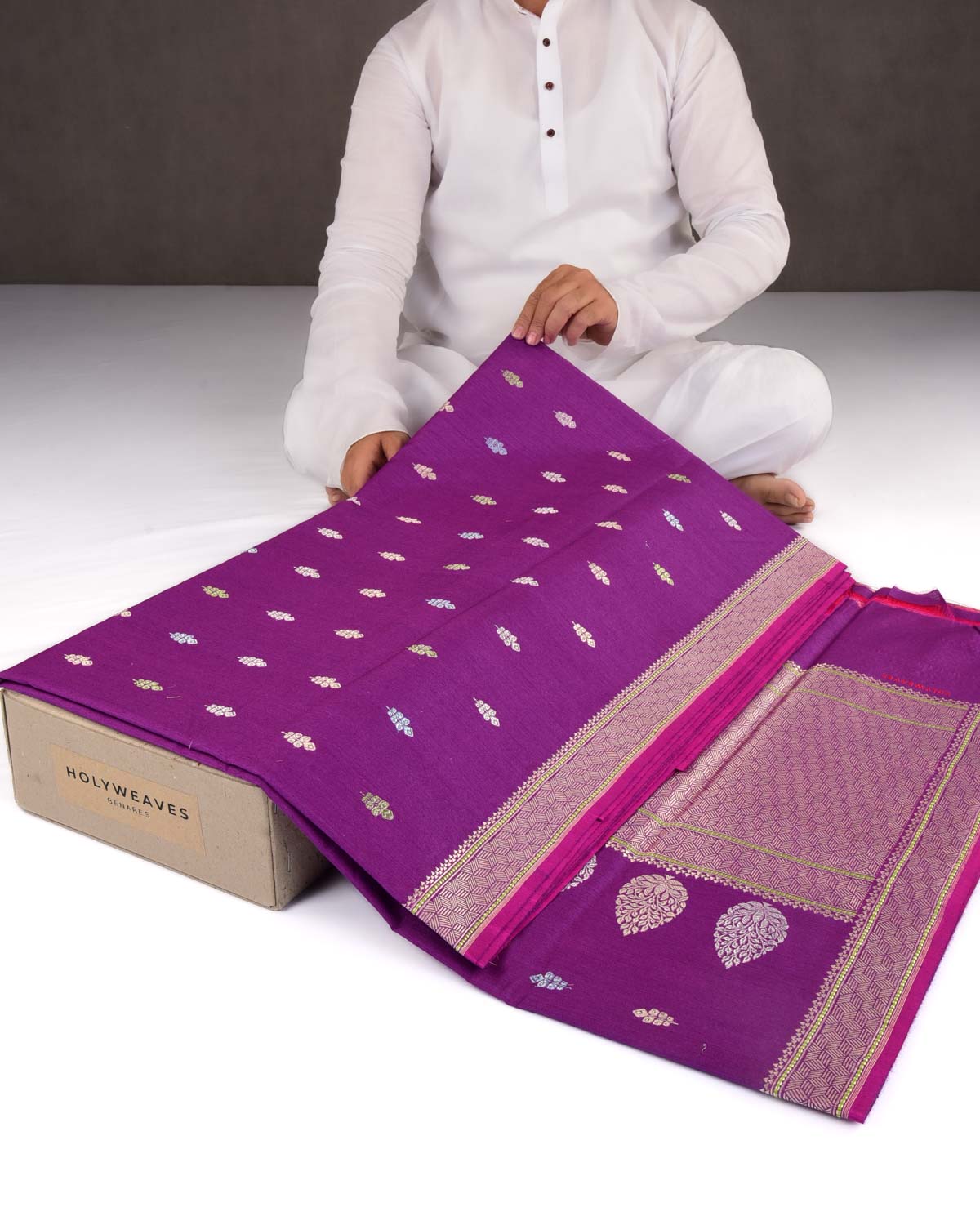 Shot Purple Banarasi Gold & Silver Colored Zari Buti Kadhuan Brocade Handwoven Muga Silk Saree-HolyWeaves