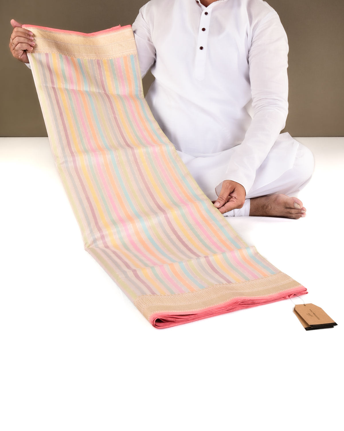 Multi-color Banarasi Exotic Candy Stripes Kadhuan Brocade Handwoven Kora Tissue Saree-HolyWeaves