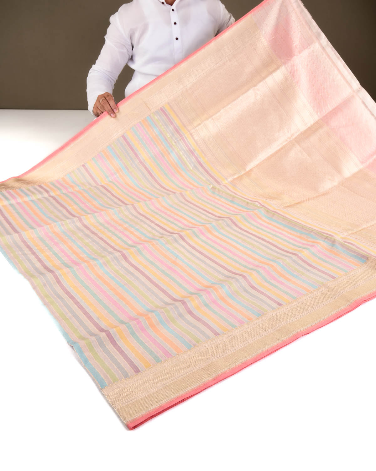 Multi-color Banarasi Exotic Candy Stripes Kadhuan Brocade Handwoven Kora Tissue Saree-HolyWeaves