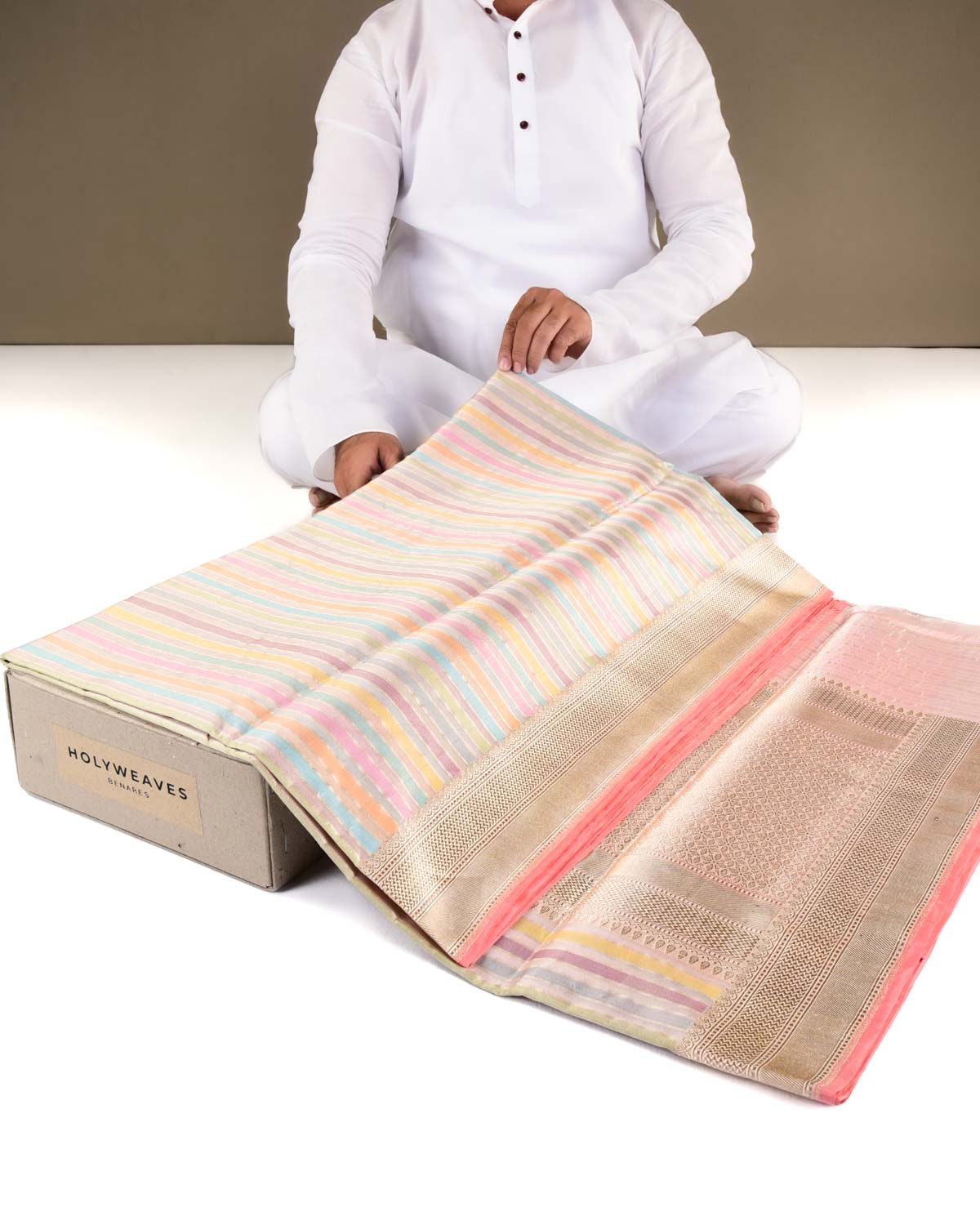 Multi-color Banarasi Exotic Candy Stripes Kadhuan Brocade Handwoven Kora Tissue Saree-HolyWeaves