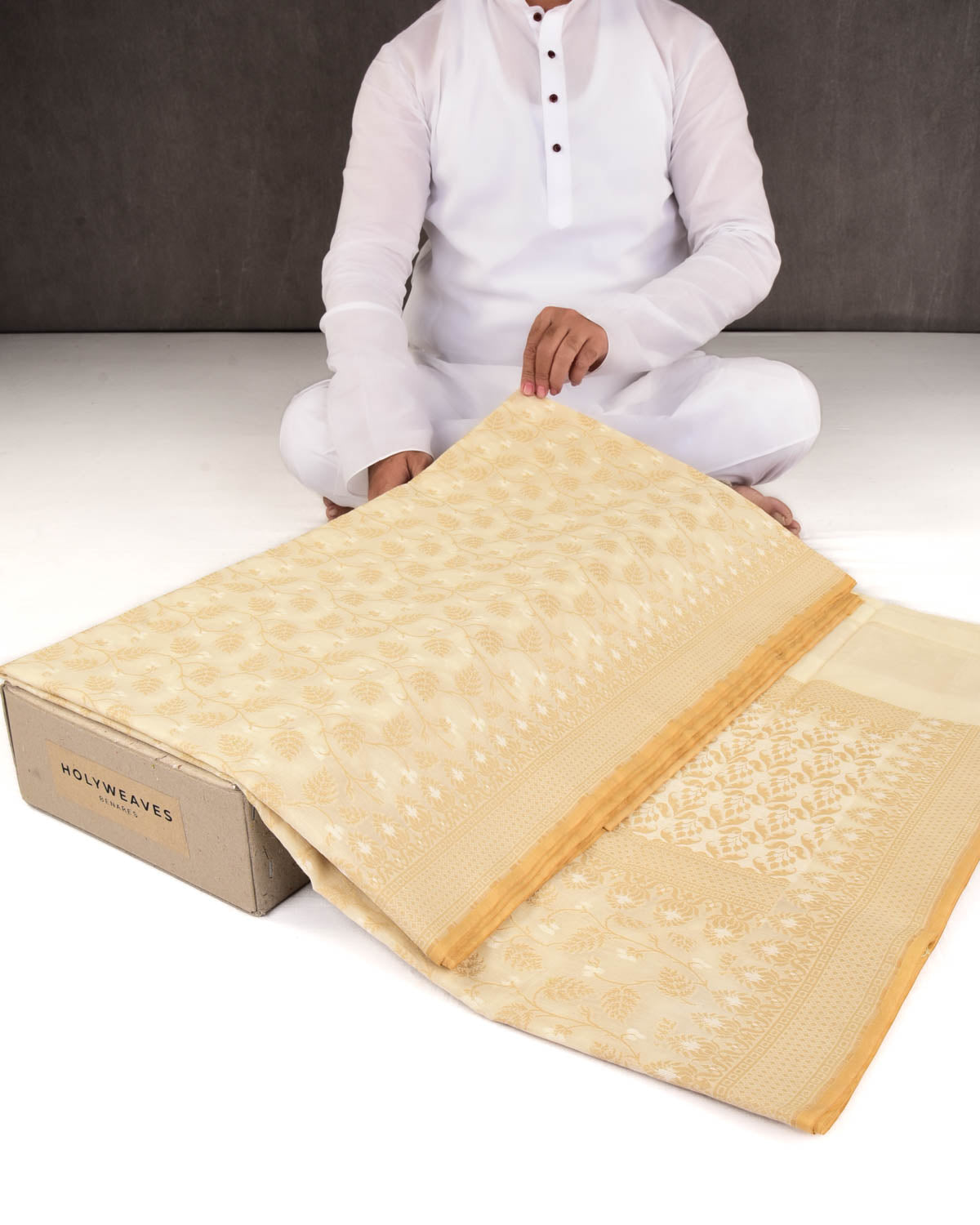 Cream Banarasi Resham Leaf Jaal Cutwork Brocade Woven Art Cotton Silk Saree-HolyWeaves