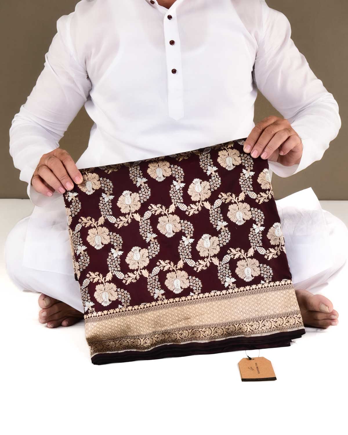 Brown Banarasi Gold & Silver Zari Alfi Floral Jaal Cutwork Brocade Handwoven Katan Silk Saree-HolyWeaves