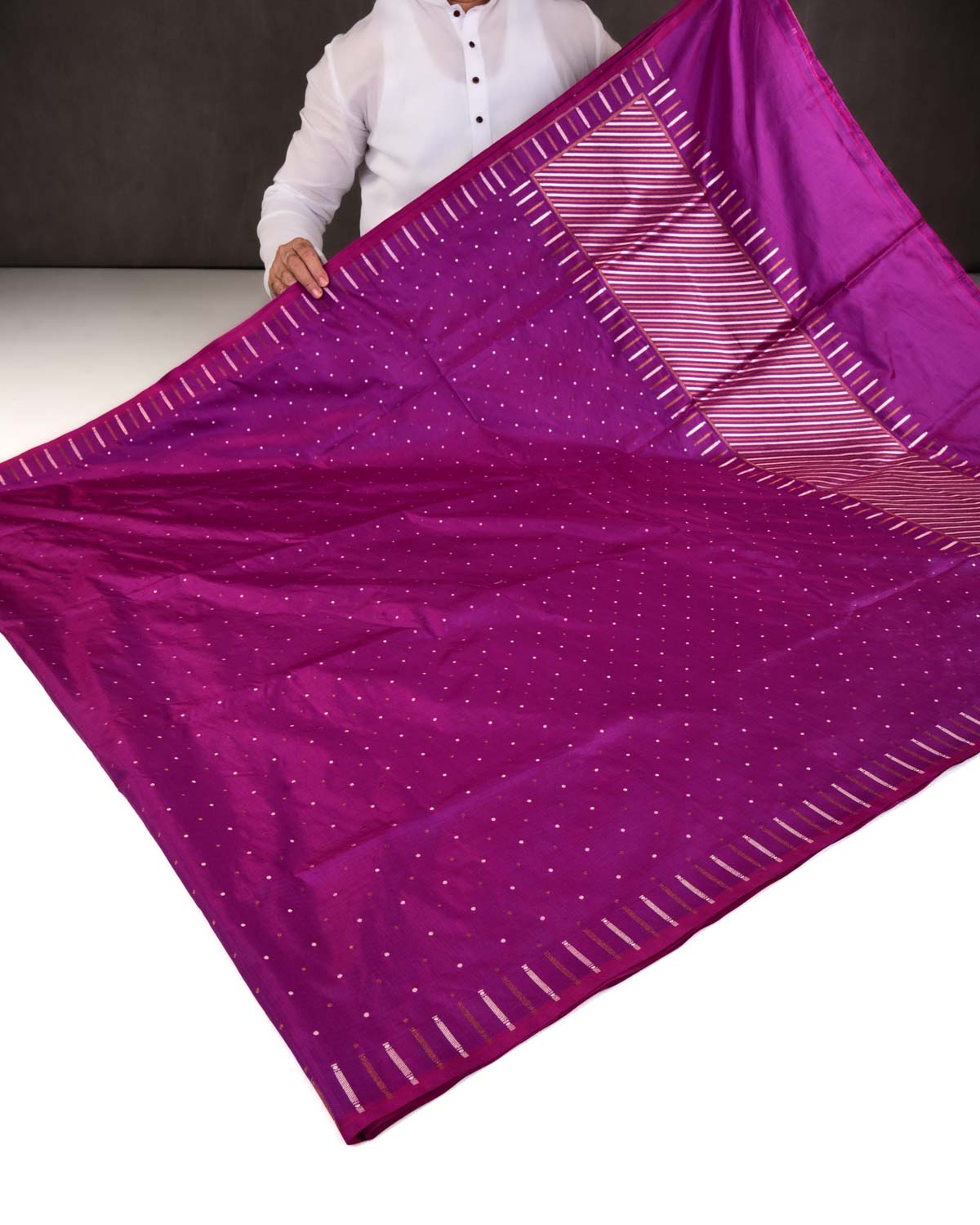 Shot Purple Banarasi Gold & Silver Zari Polka Buti Cutwork Brocade Handwoven Katan Silk Saree-HolyWeaves