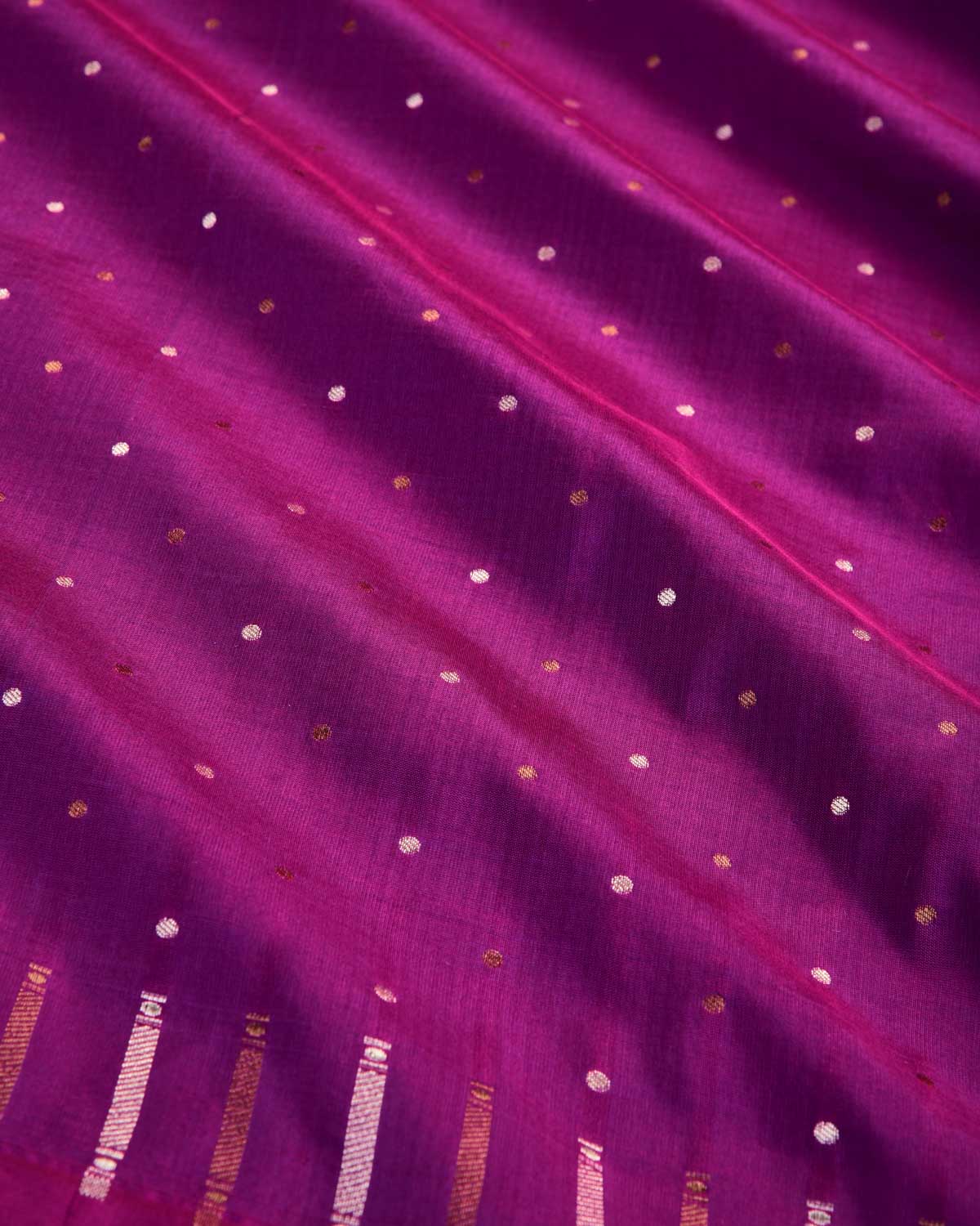 Shot Purple Banarasi Gold & Silver Zari Polka Buti Cutwork Brocade Handwoven Katan Silk Saree-HolyWeaves