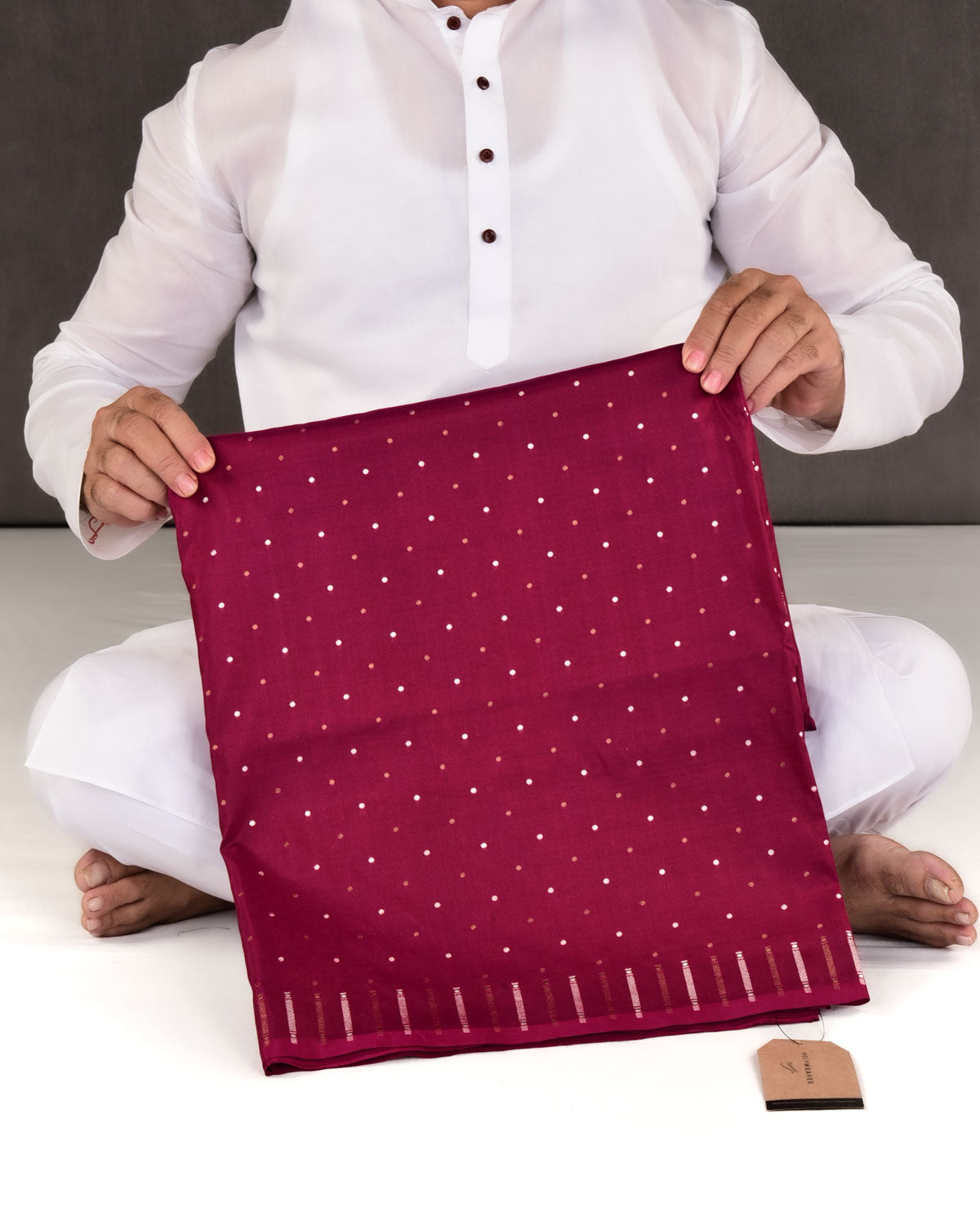 Shot Burgundy Banarasi Gold & Silver Zari Polka Buti Cutwork Brocade Handwoven Katan Silk Saree-HolyWeaves