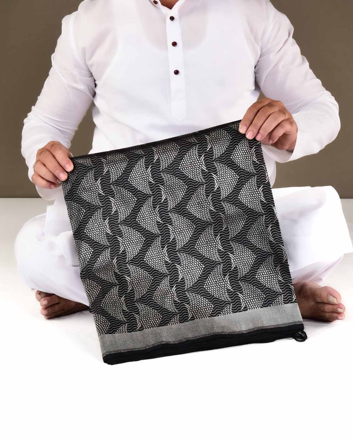 Black Banarasi Silver Zari "Pisces" Brocade Handwoven Katan Silk Saree-HolyWeaves