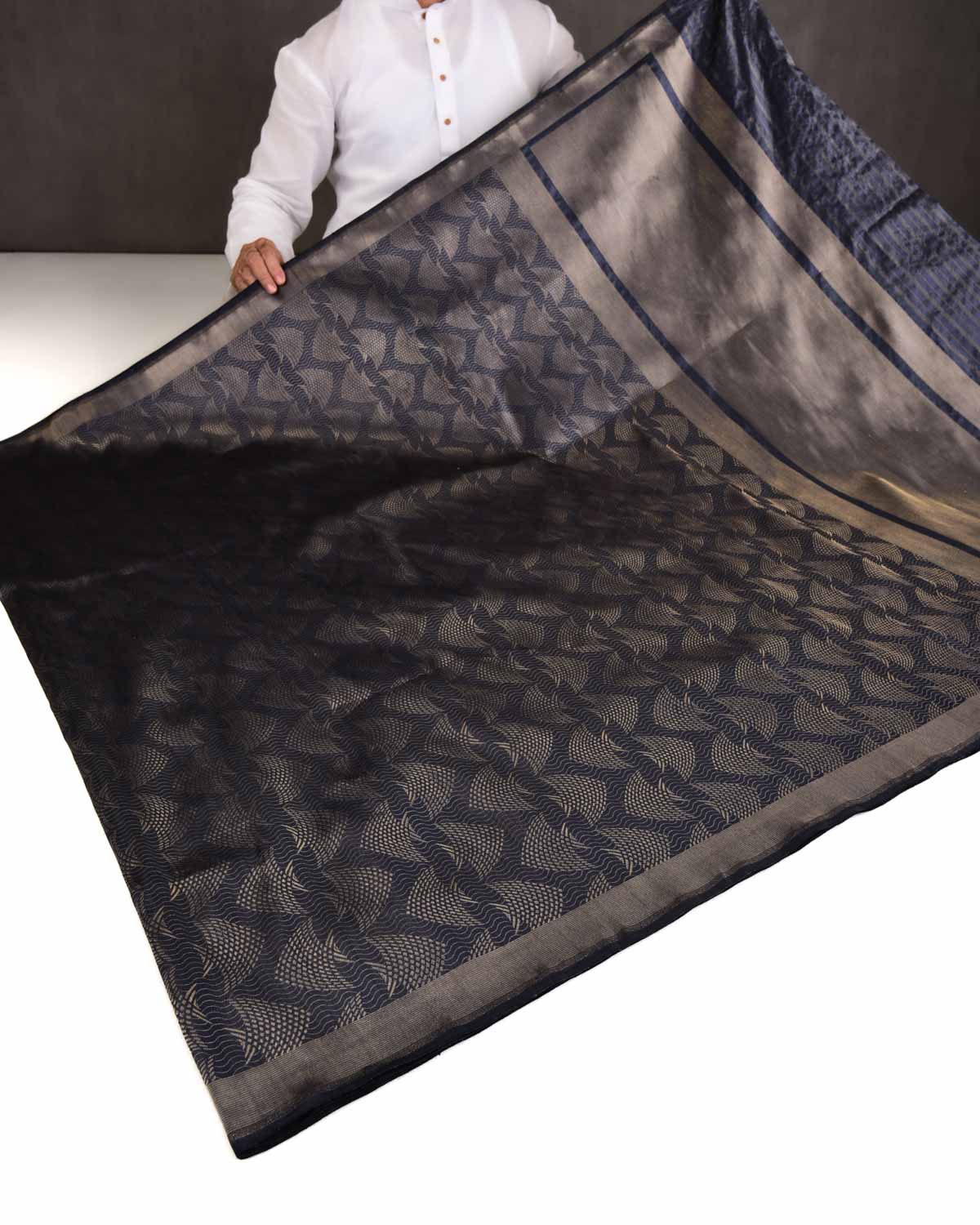 Gray Banarasi Gold Zari "Pisces" Brocade Handwoven Katan Silk Saree-HolyWeaves