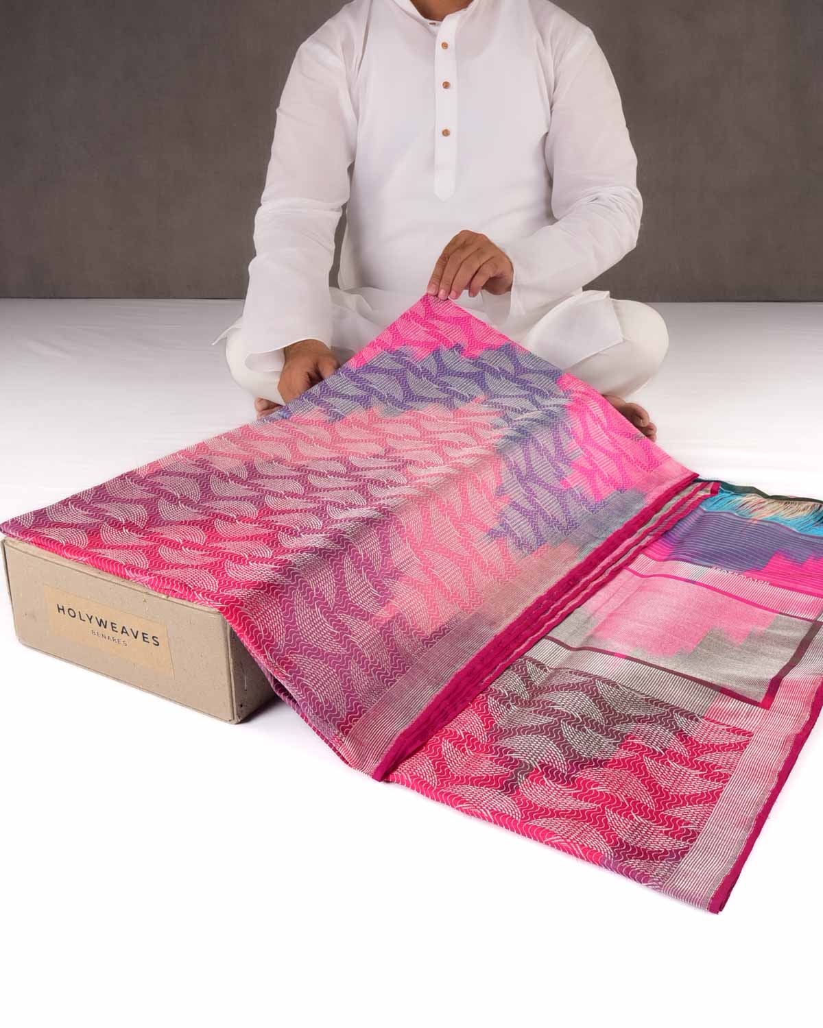 Vibgyor Pink Banarasi Rainbow Sea Silver Zari "Pisces" Brocade Handwoven Katan Silk Saree-HolyWeaves