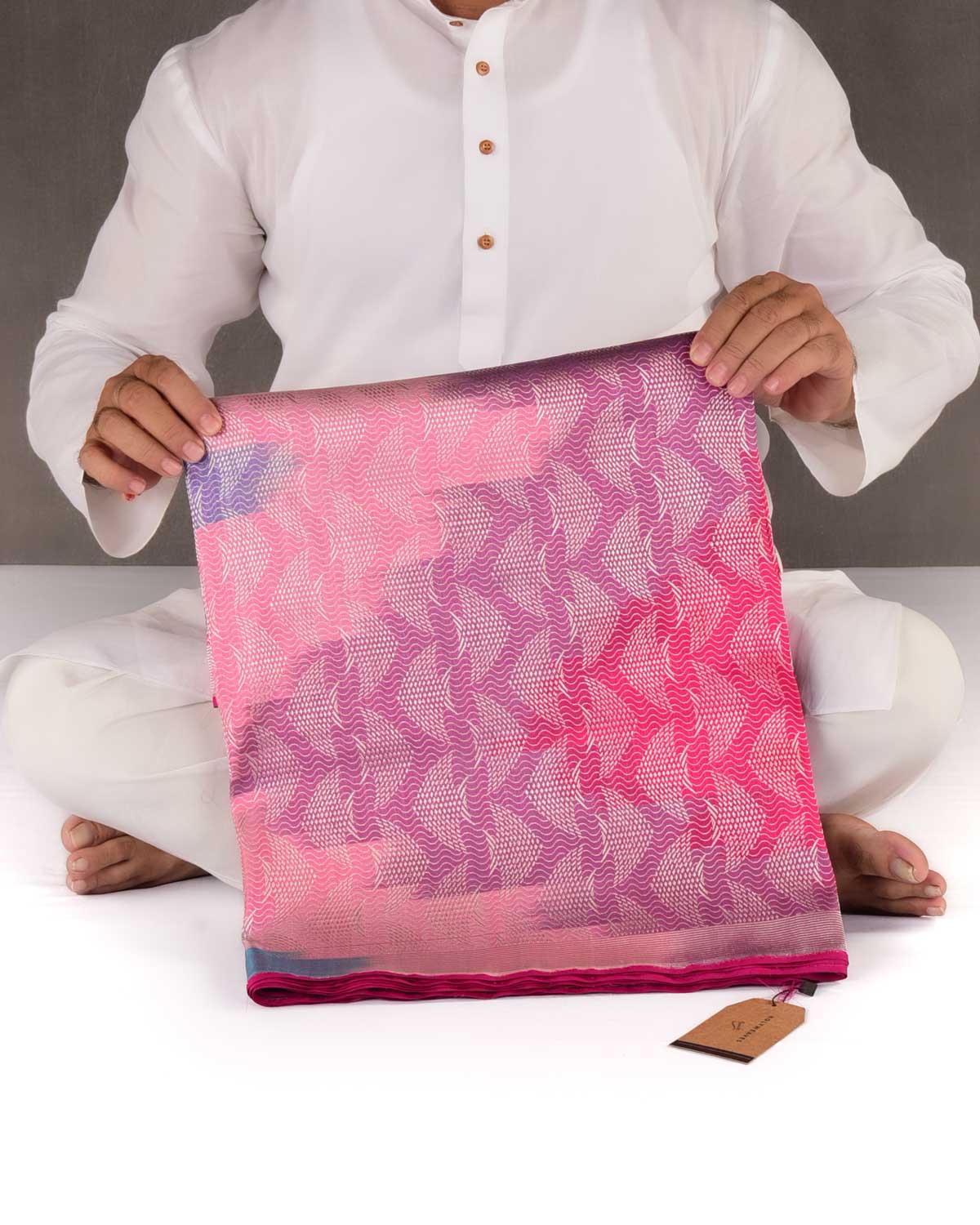 Vibgyor Pink Banarasi Rainbow Sea Silver Zari "Pisces" Brocade Handwoven Katan Silk Saree-HolyWeaves