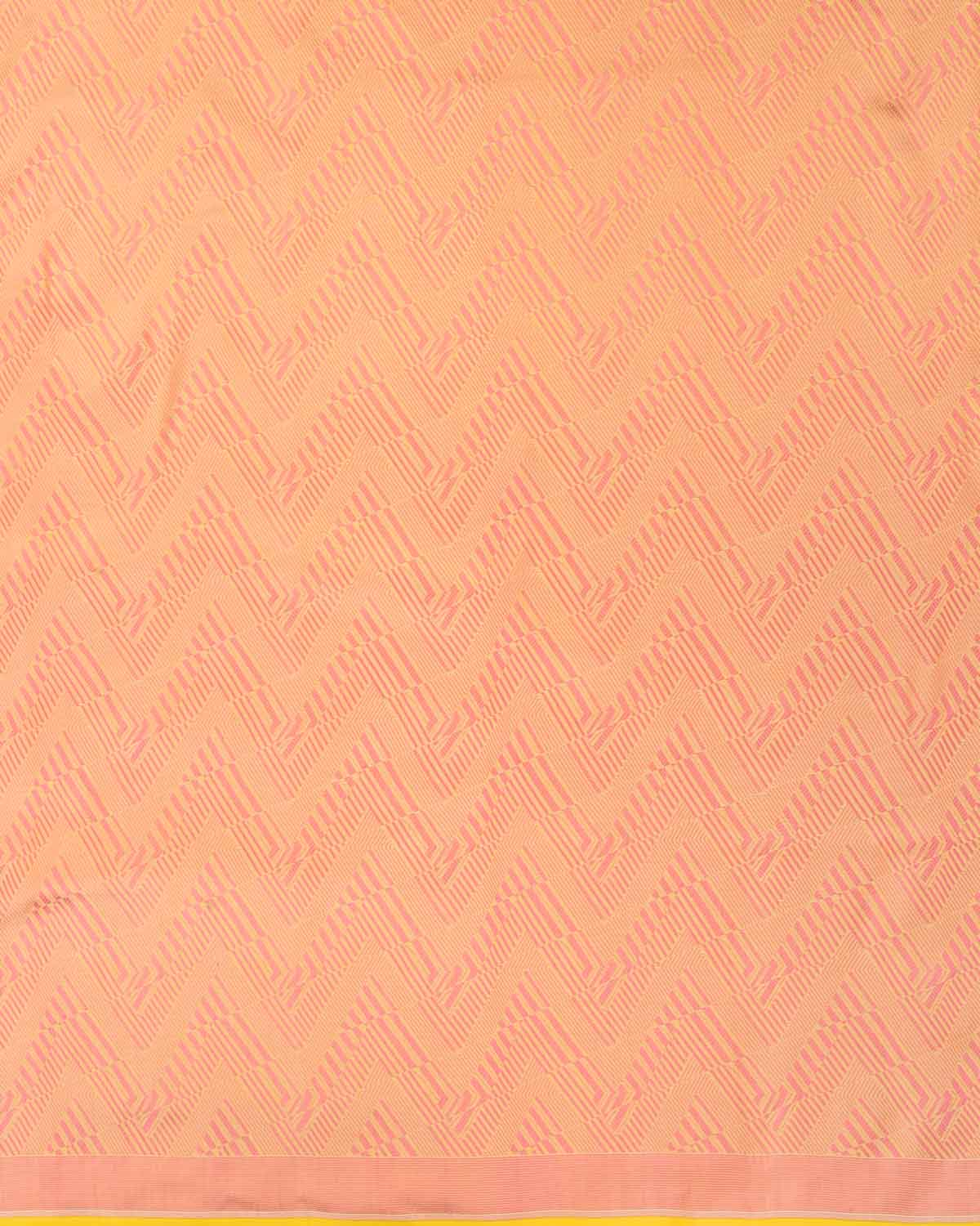 Peach On Yellow Banarasi Glitch Chevron Brocade Handwoven Katan Silk Saree-HolyWeaves
