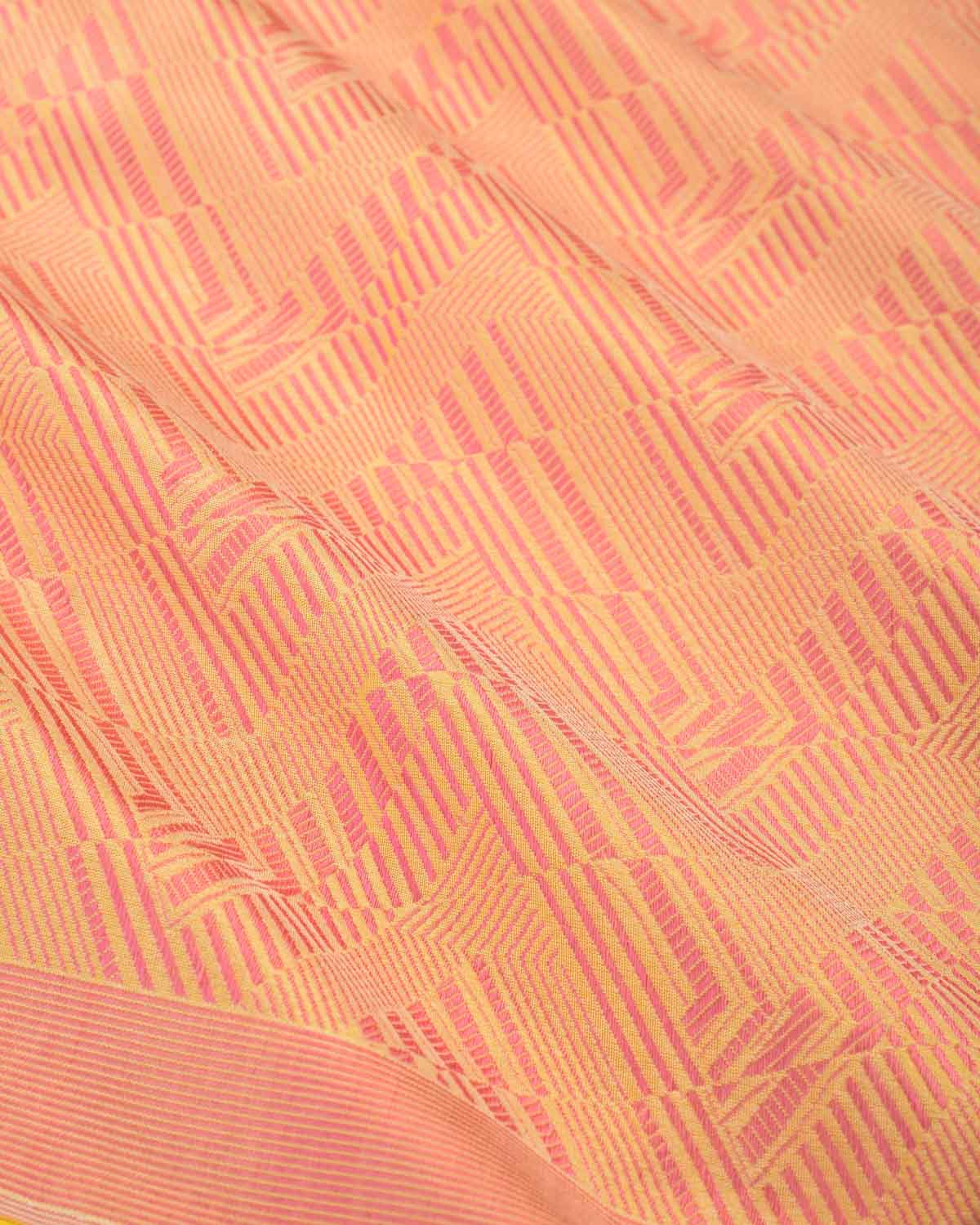 Peach On Yellow Banarasi Glitch Chevron Brocade Handwoven Katan Silk Saree-HolyWeaves