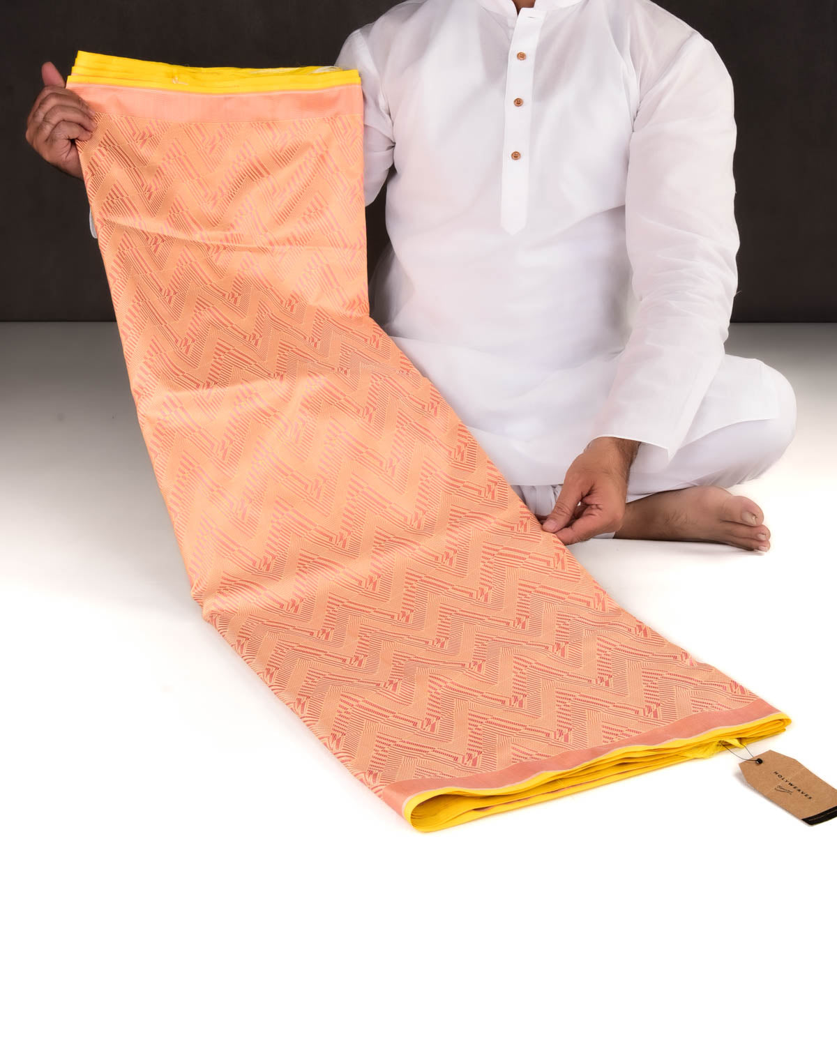 Peach On Yellow Banarasi Glitch Chevron Brocade Handwoven Katan Silk Saree-HolyWeaves
