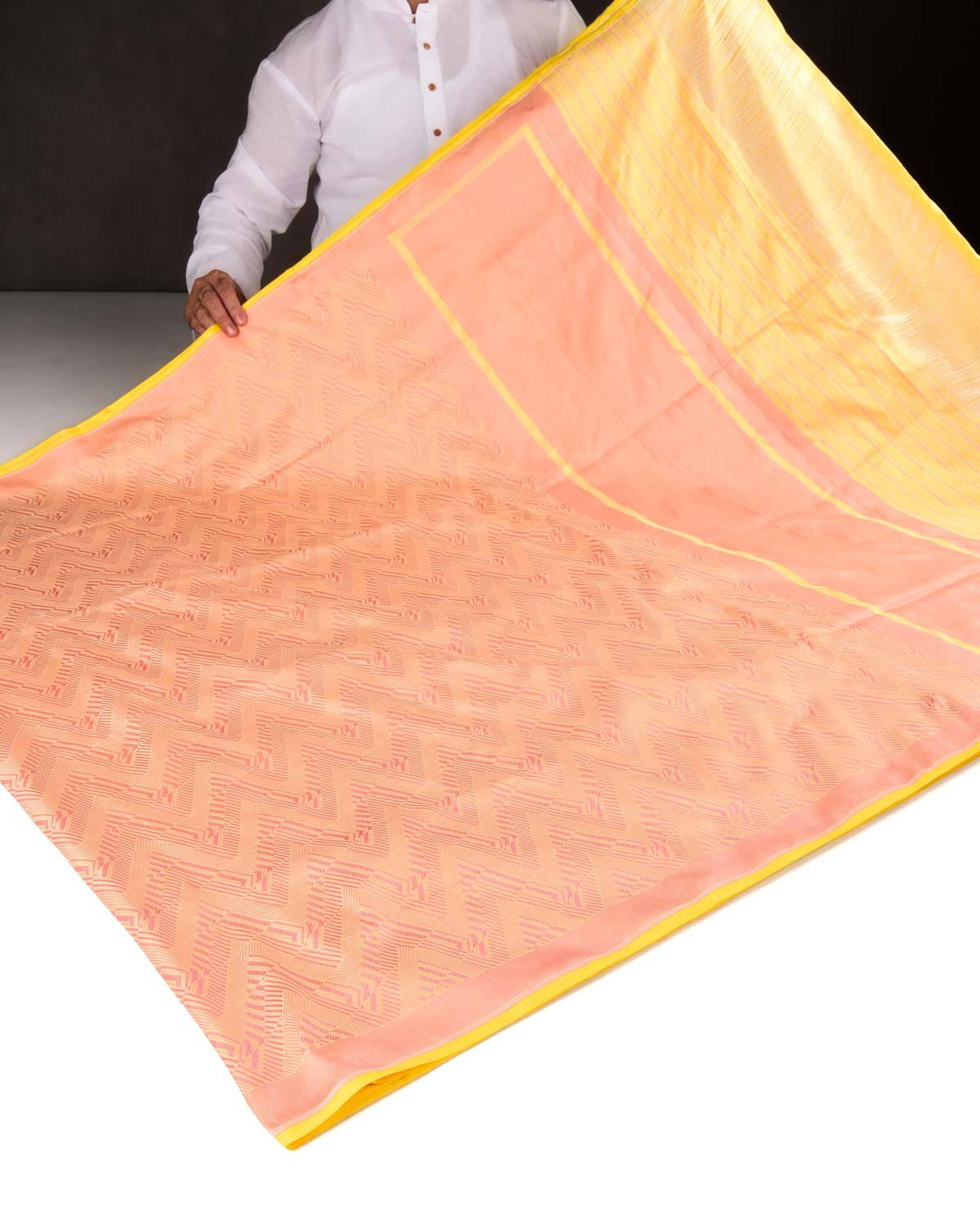 Peach On Yellow Banarasi Glitch Chevron Brocade Handwoven Katan Silk Saree-HolyWeaves