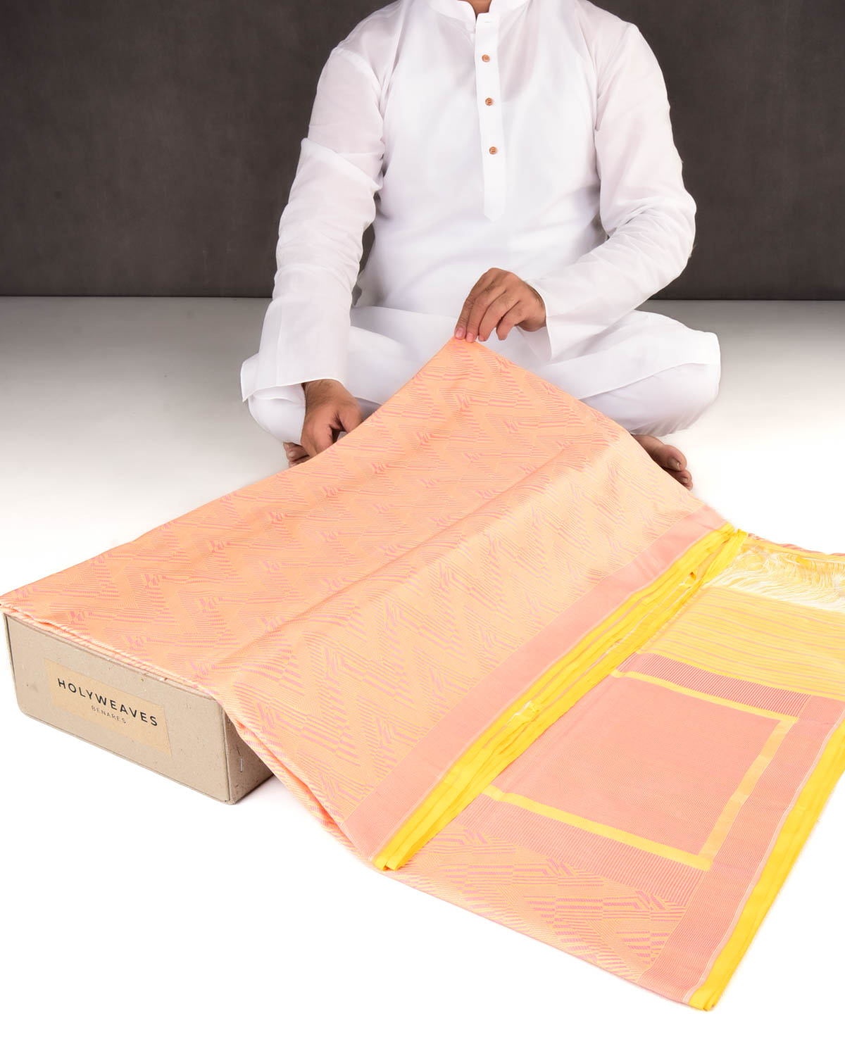 Peach On Yellow Banarasi Glitch Chevron Brocade Handwoven Katan Silk Saree-HolyWeaves