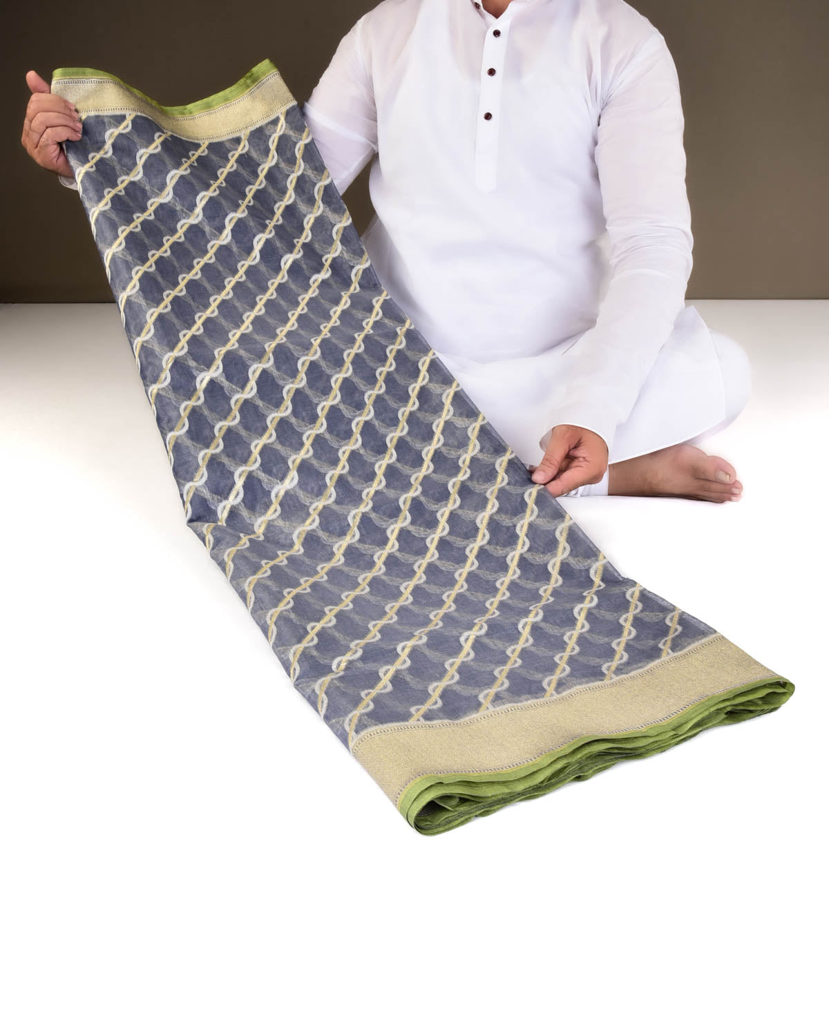 Gray Banarasi Gold Zari & White Resham Diagonal Cutwork Brocade Handwoven Cotton Silk Saree-HolyWeaves