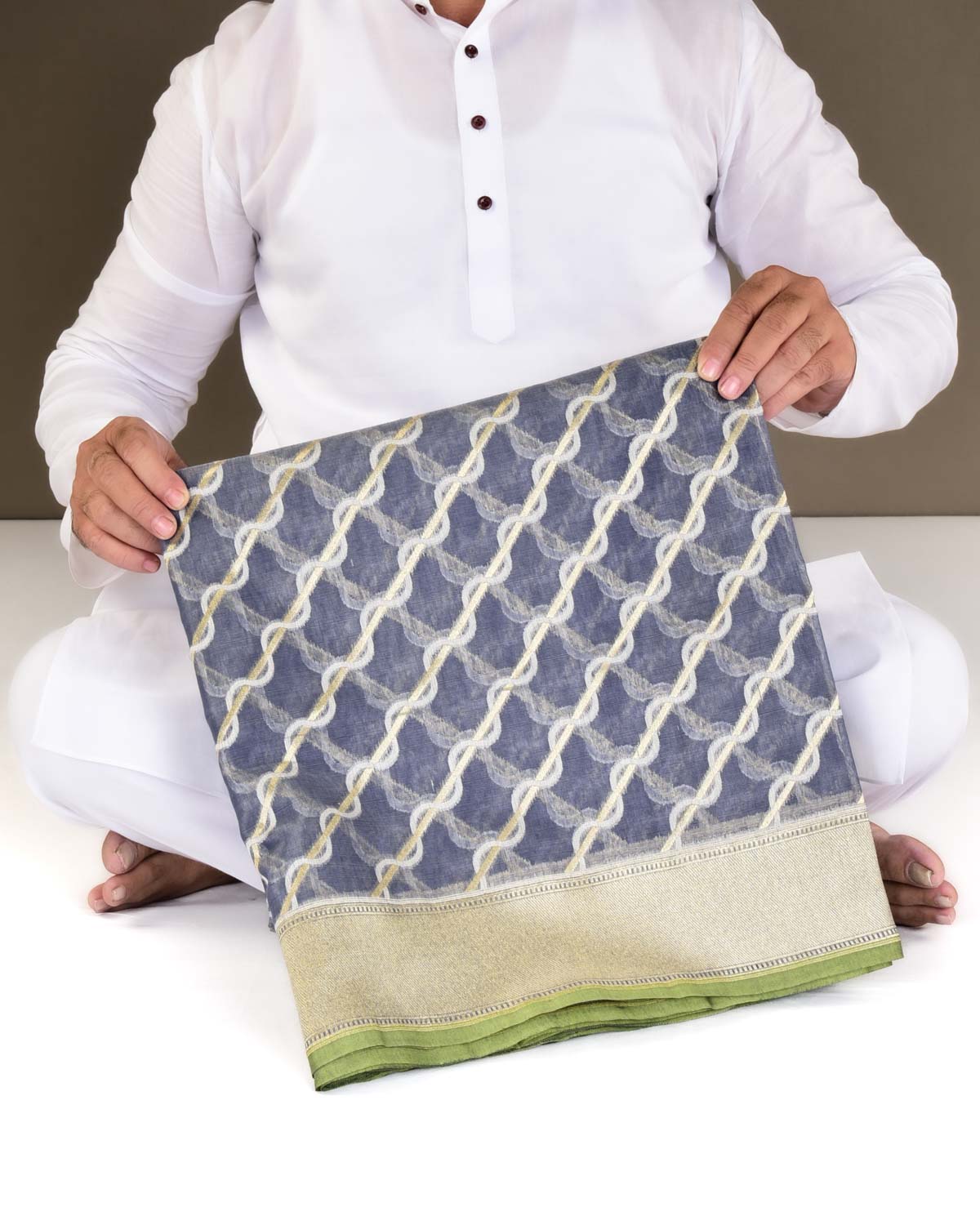 Gray Banarasi Gold Zari & White Resham Diagonal Cutwork Brocade Handwoven Cotton Silk Saree-HolyWeaves