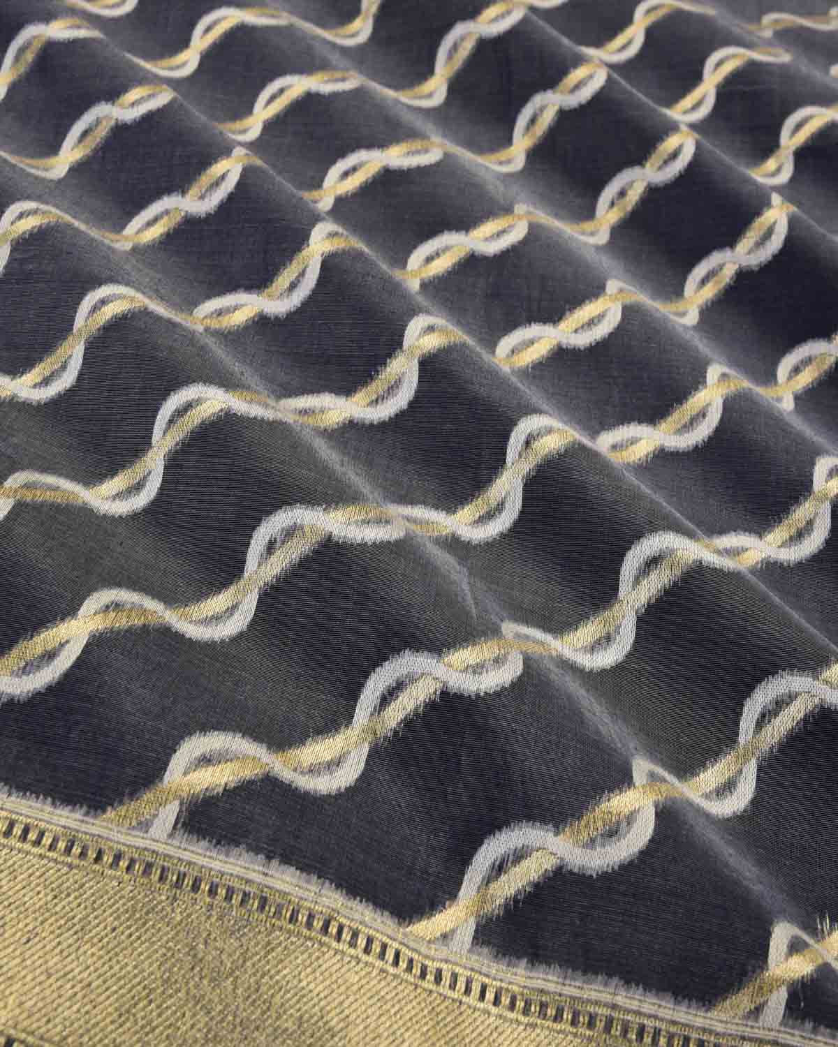 Gray Banarasi Gold Zari & White Resham Diagonal Cutwork Brocade Handwoven Cotton Silk Saree-HolyWeaves