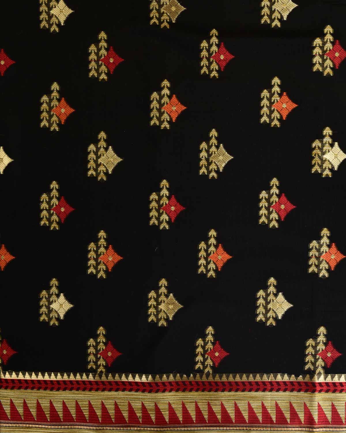 Black Banarasi Geometric Buta Cutwork Brocade Woven Art Cotton Silk Saree-HolyWeaves