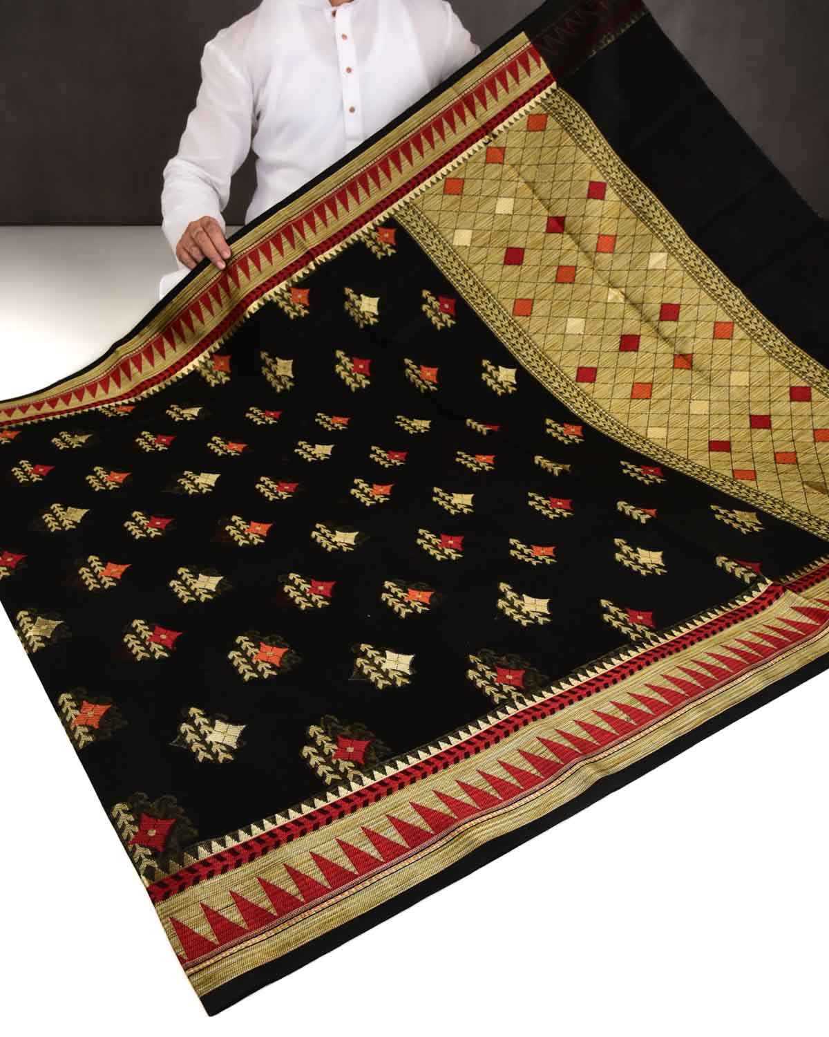 Black Banarasi Geometric Buta Cutwork Brocade Woven Art Cotton Silk Saree-HolyWeaves