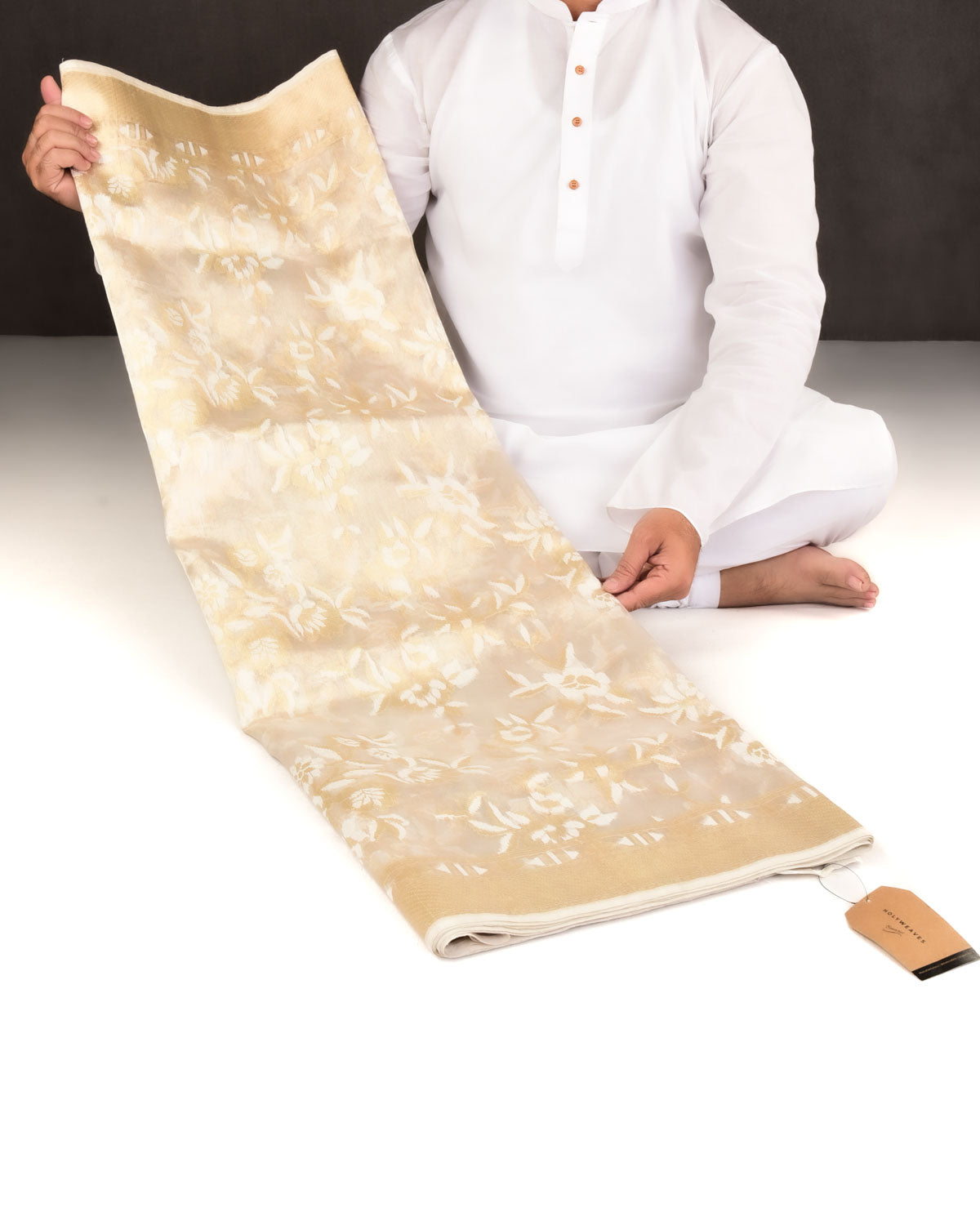 Metallic Cream Banarasi Gold Zari & White Resham Floral Jaal Cutwork Brocade Handwoven Kora Tissue Saree-HolyWeaves