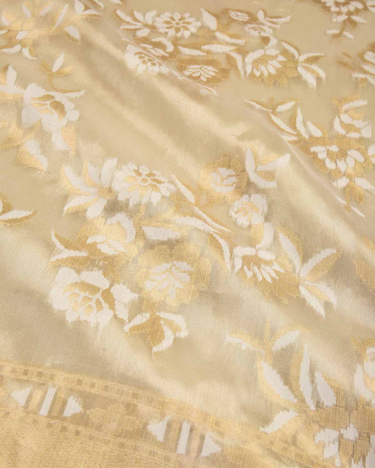 Metallic Cream Banarasi Gold Zari & White Resham Floral Jaal Cutwork Brocade Handwoven Kora Tissue Saree-HolyWeaves