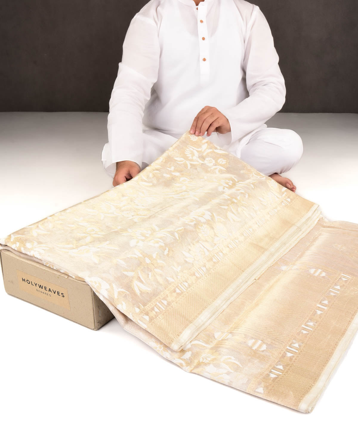 Metallic Cream Banarasi Gold Zari & White Resham Floral Jaal Cutwork Brocade Handwoven Kora Tissue Saree-HolyWeaves
