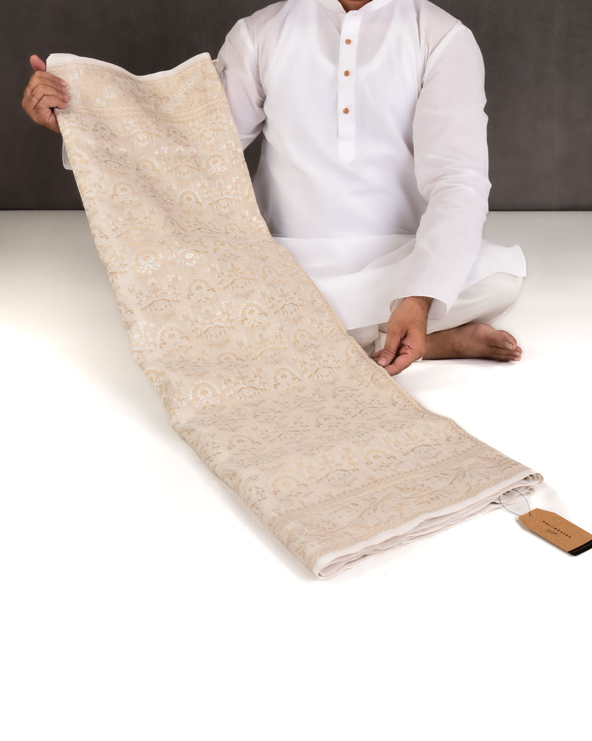 Beige Banarasi Gold & Silver Zari Alfi Buta Cutwork Brocade Handwoven Tasar Georgette Saree-HolyWeaves