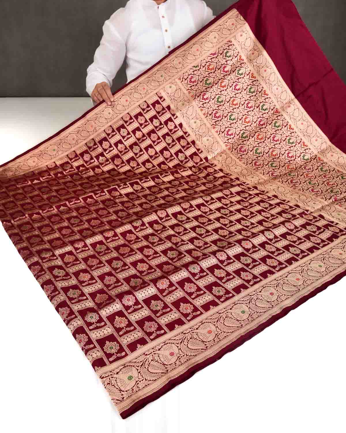 Maroon Banarasi Traditional Jangla Gold Zari And Resham Alfi Cutwork Brocade Handwoven Katan Silk Saree-HolyWeaves