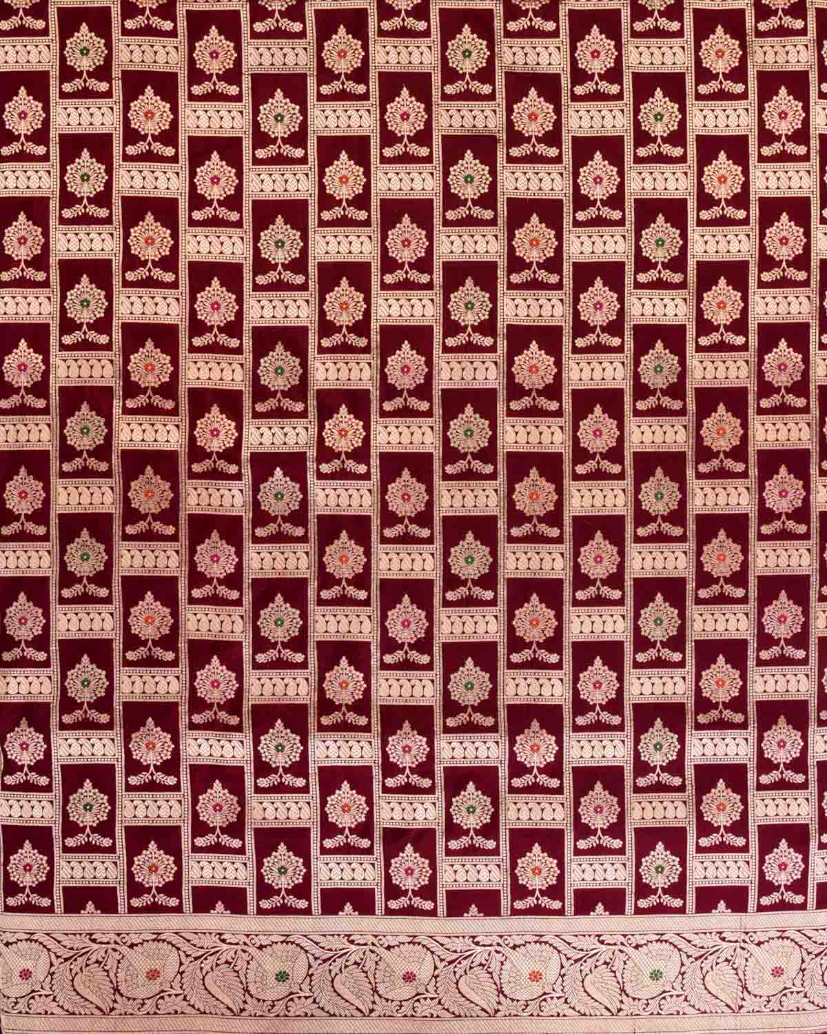 Maroon Banarasi Traditional Jangla Gold Zari And Resham Alfi Cutwork Brocade Handwoven Katan Silk Saree-HolyWeaves