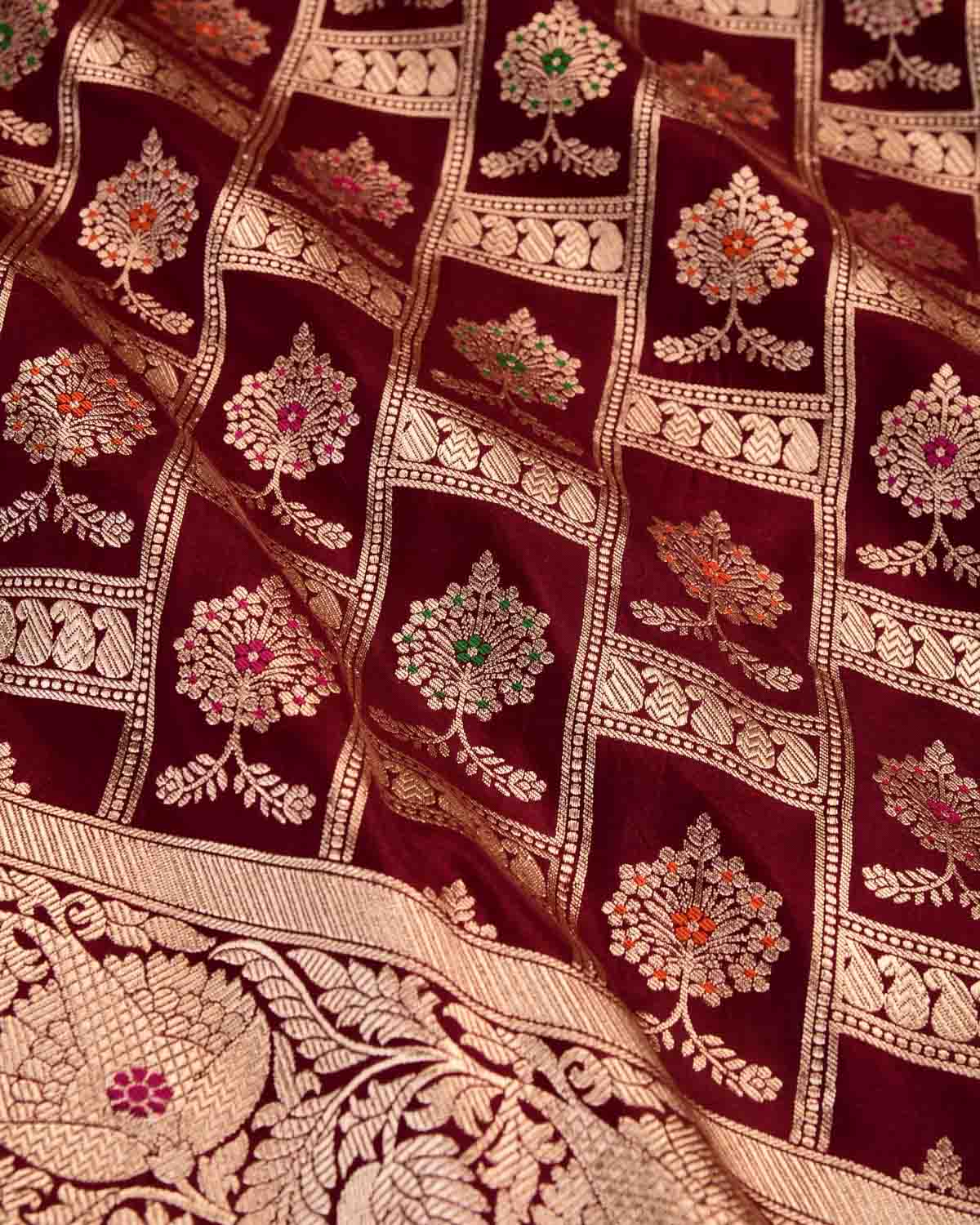 Maroon Banarasi Traditional Jangla Gold Zari And Resham Alfi Cutwork Brocade Handwoven Katan Silk Saree-HolyWeaves