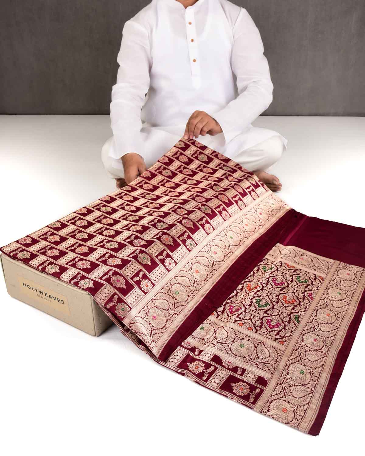 Maroon Banarasi Traditional Jangla Gold Zari And Resham Alfi Cutwork Brocade Handwoven Katan Silk Saree-HolyWeaves