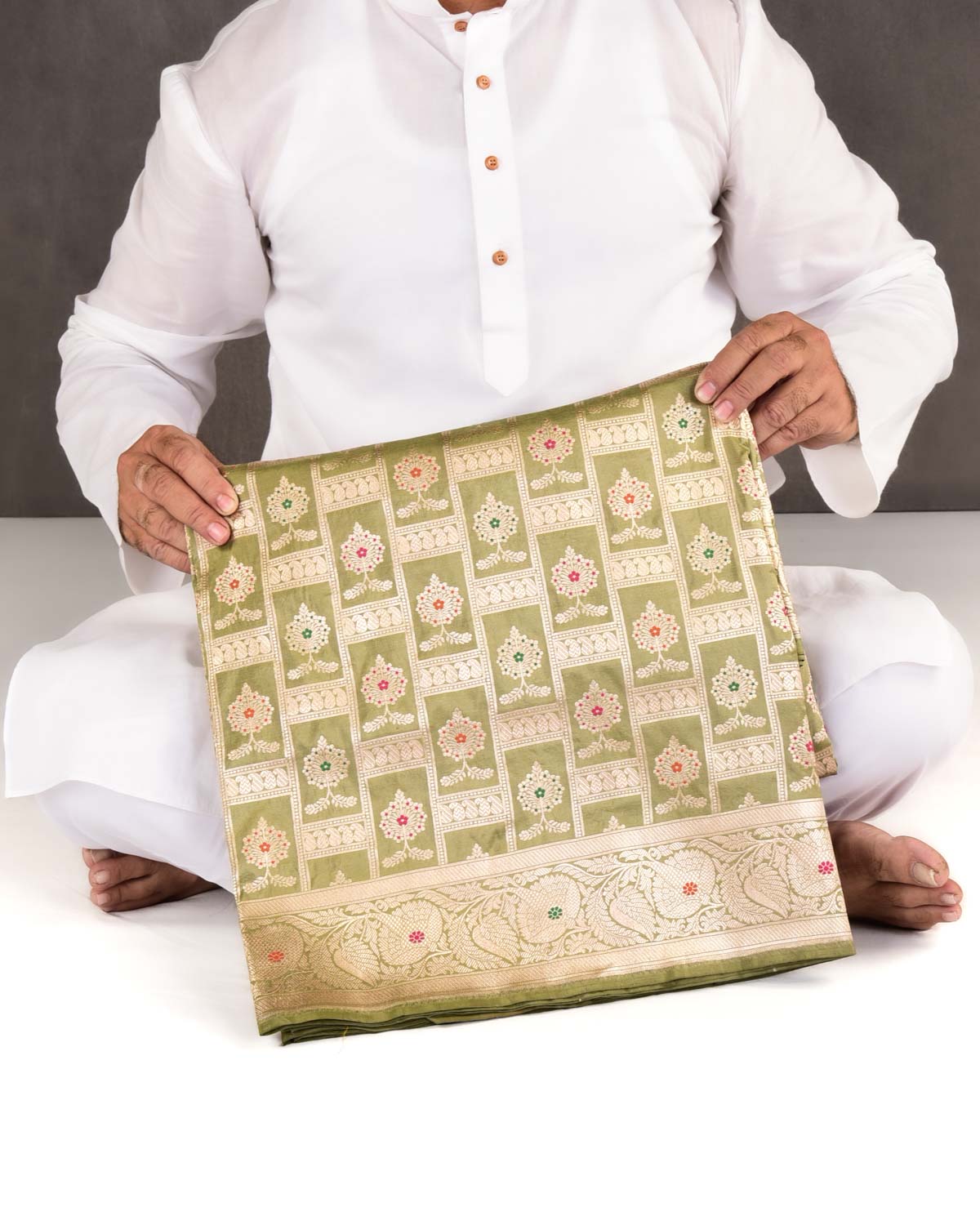 Artichoke Green Banarasi Traditional Jangla Gold Zari And Resham Alfi Cutwork Brocade Handwoven Katan Silk Saree-HolyWeaves