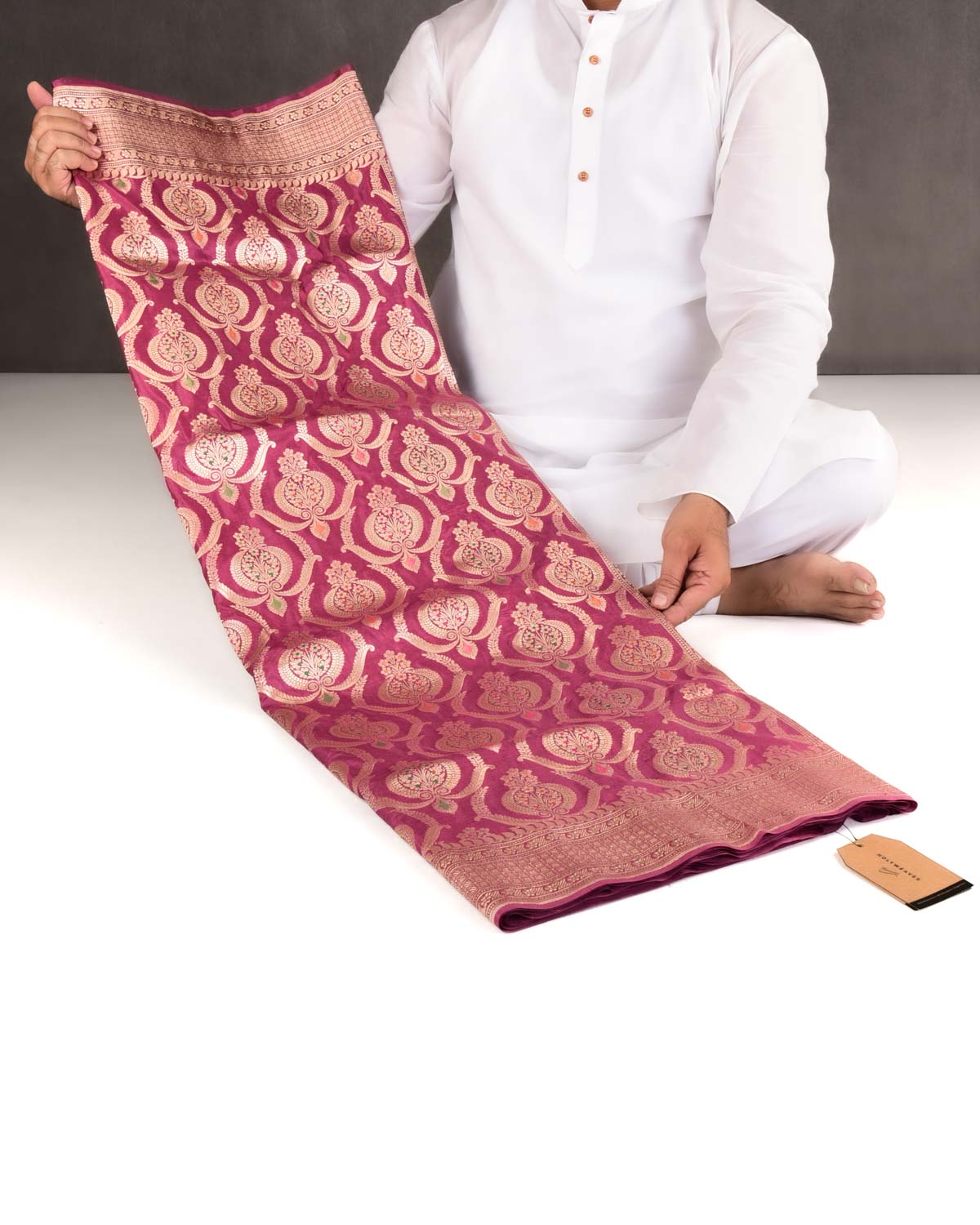 Garnet Banarasi Gold Zari And Meena Ottoman Damask Cutwork Brocade Handwoven Katan Silk Saree-HolyWeaves