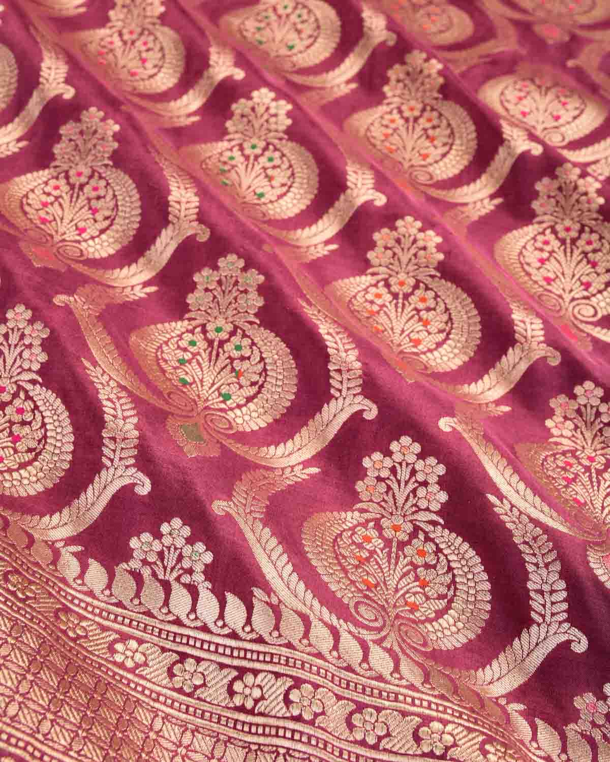 Garnet Banarasi Gold Zari And Meena Ottoman Damask Cutwork Brocade Handwoven Katan Silk Saree-HolyWeaves