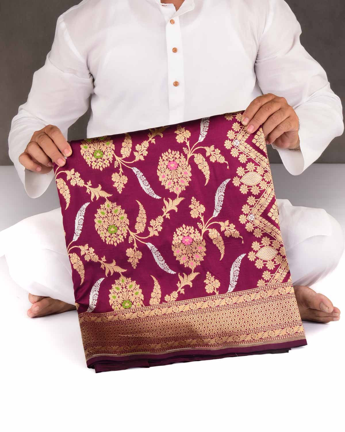 Purple Banarasi Gold Zari & Resham Meena Jaal Cutwork Brocade Handwoven Katan Silk Saree-HolyWeaves