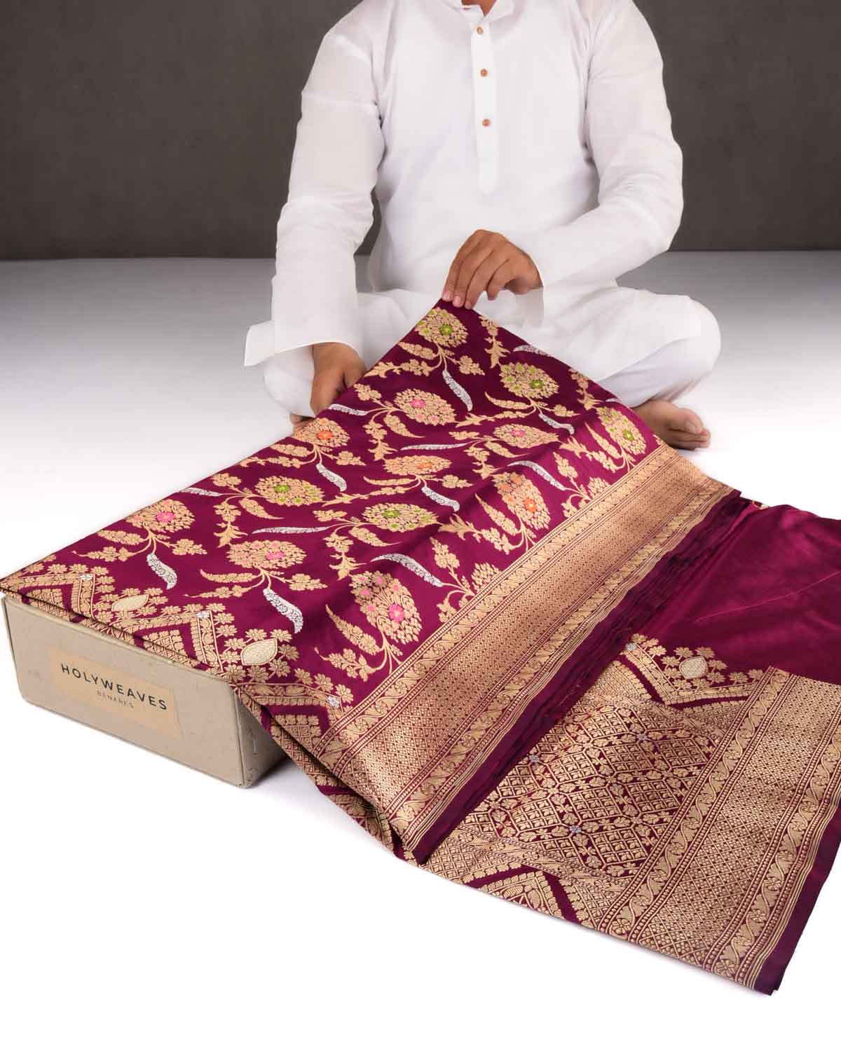 Purple Banarasi Gold Zari & Resham Meena Jaal Cutwork Brocade Handwoven Katan Silk Saree-HolyWeaves