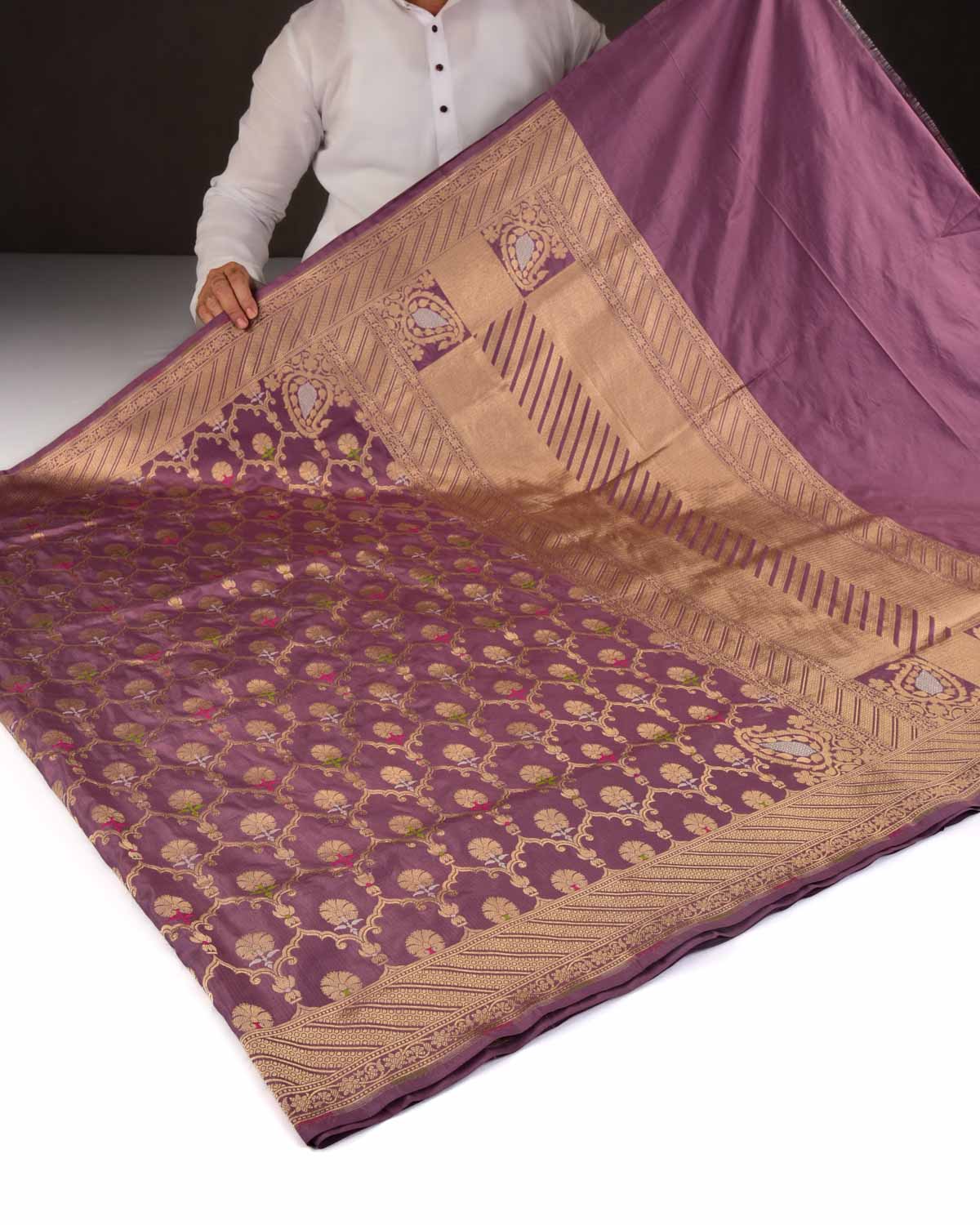 Mauve Banarasi Gold Zari & Resham Meena Jangla Cutwork Brocade Handwoven Katan Silk Saree-HolyWeaves