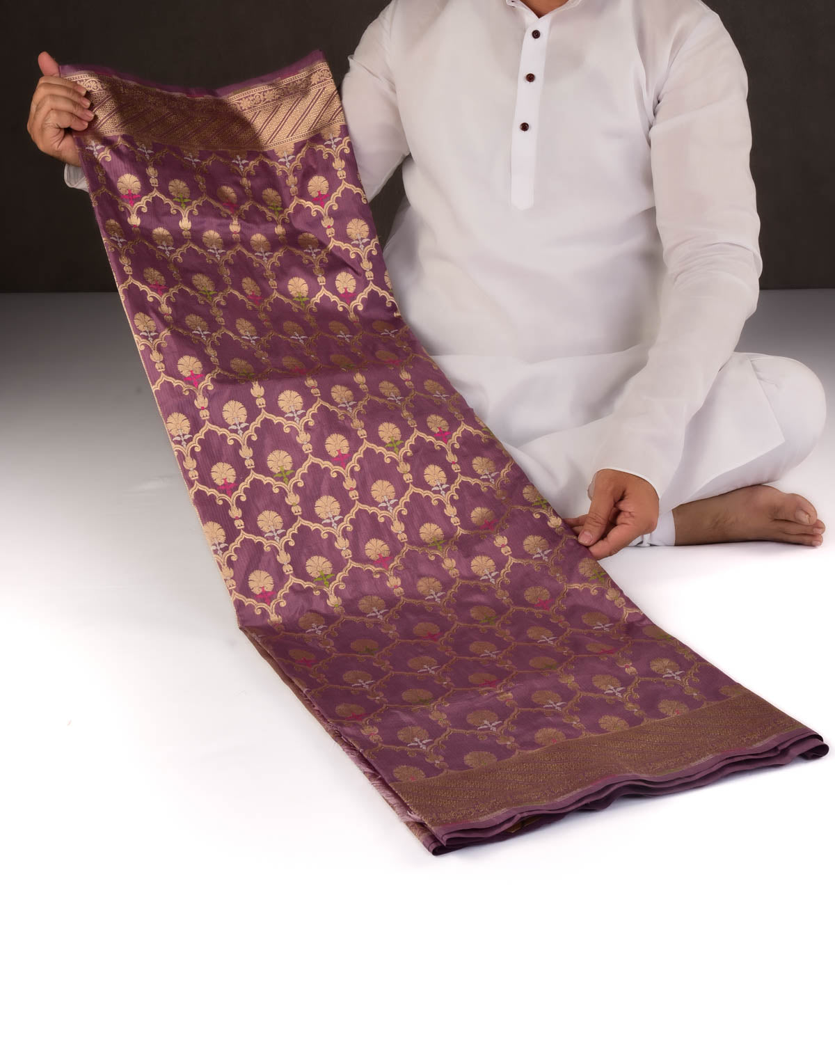 Mauve Banarasi Gold Zari & Resham Meena Jangla Cutwork Brocade Handwoven Katan Silk Saree-HolyWeaves