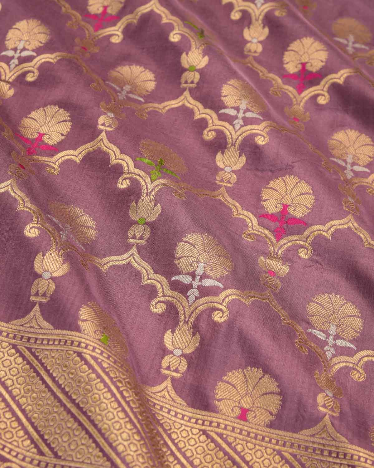 Mauve Banarasi Gold Zari & Resham Meena Jangla Cutwork Brocade Handwoven Katan Silk Saree-HolyWeaves