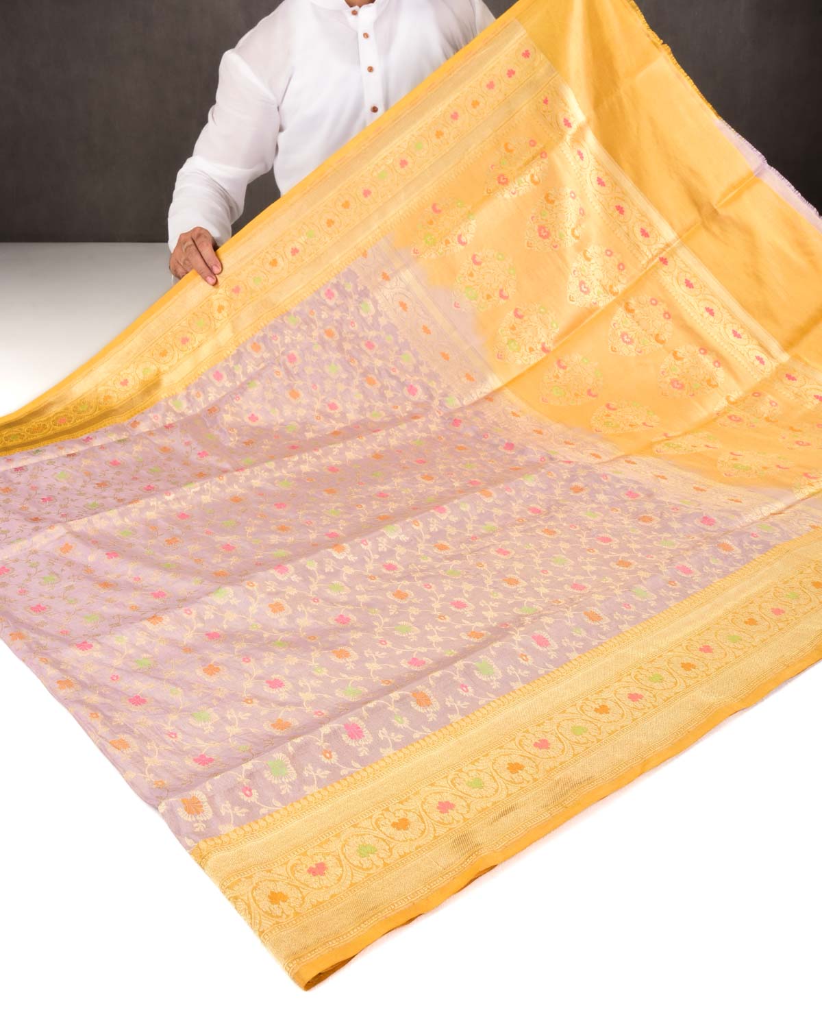 Metallic Mauve Banarasi Gold Zari & Resham Meena Jaal Cutwork Brocade Handwoven Katan Tissue Saree-HolyWeaves