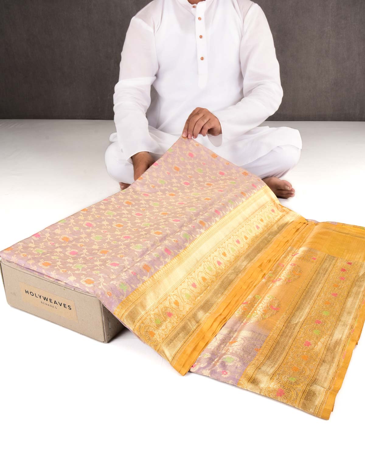 Metallic Mauve Banarasi Gold Zari & Resham Meena Jaal Cutwork Brocade Handwoven Katan Tissue Saree-HolyWeaves