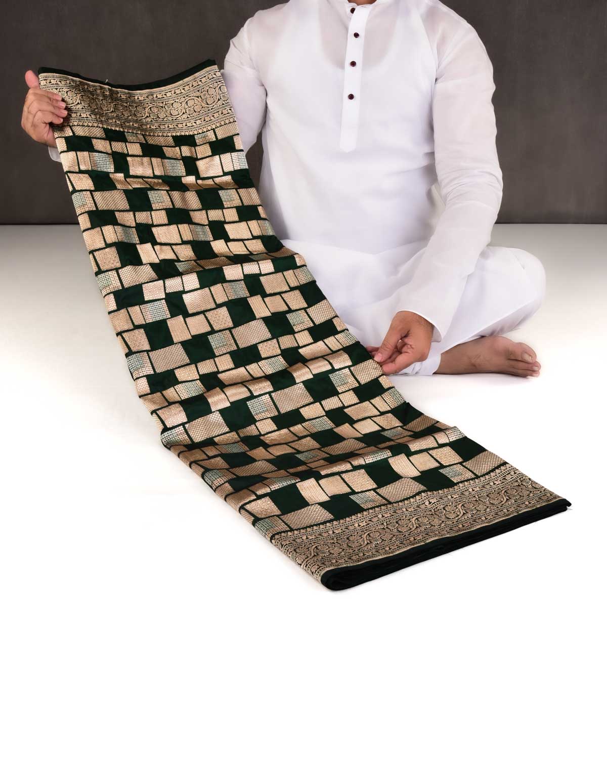 Midnight Green Banarasi Gold & Silver Zari Random Blocks Cutwork Brocade Handwoven Katan Silk Saree-HolyWeaves