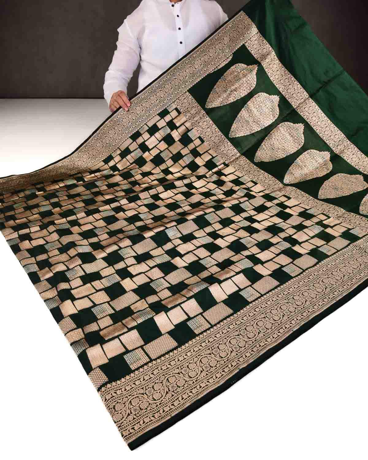 Midnight Green Banarasi Gold & Silver Zari Random Blocks Cutwork Brocade Handwoven Katan Silk Saree-HolyWeaves