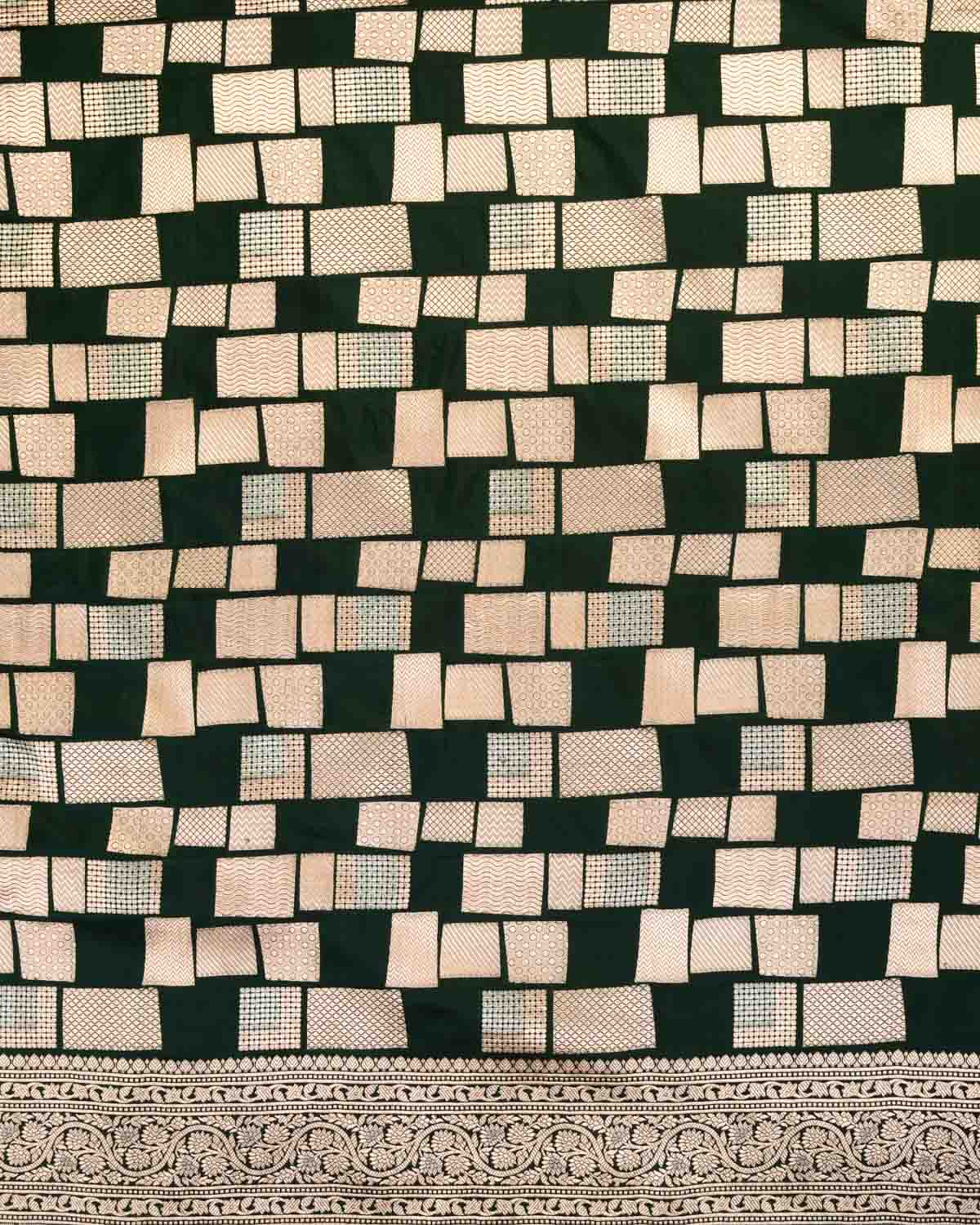 Midnight Green Banarasi Gold & Silver Zari Random Blocks Cutwork Brocade Handwoven Katan Silk Saree-HolyWeaves