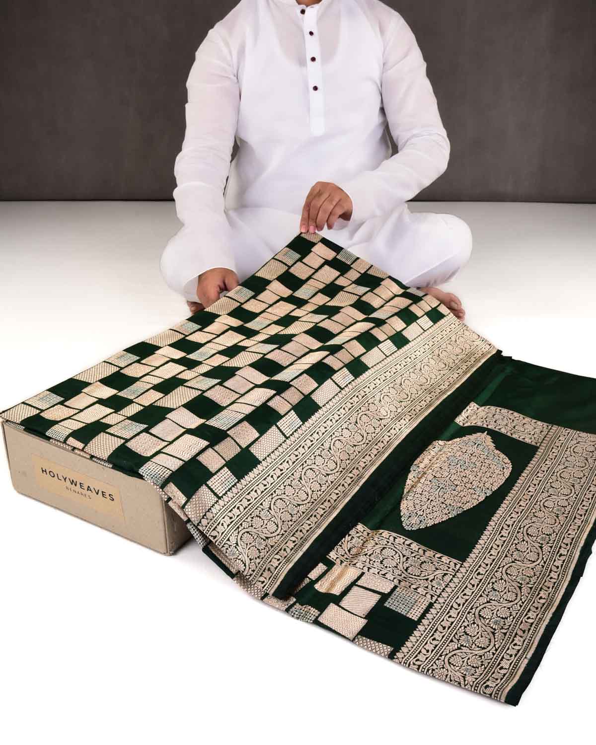 Midnight Green Banarasi Gold & Silver Zari Random Blocks Cutwork Brocade Handwoven Katan Silk Saree-HolyWeaves