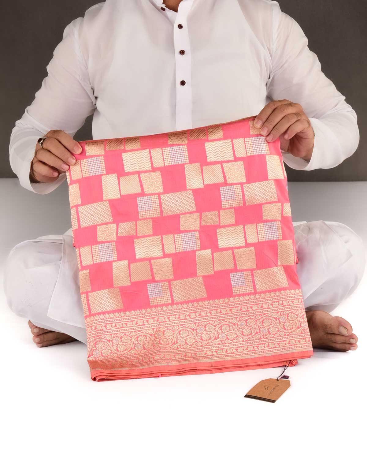 Light Coral Pink Banarasi Gold & Silver Zari Random Blocks Cutwork Brocade Handwoven Katan Silk Saree-HolyWeaves