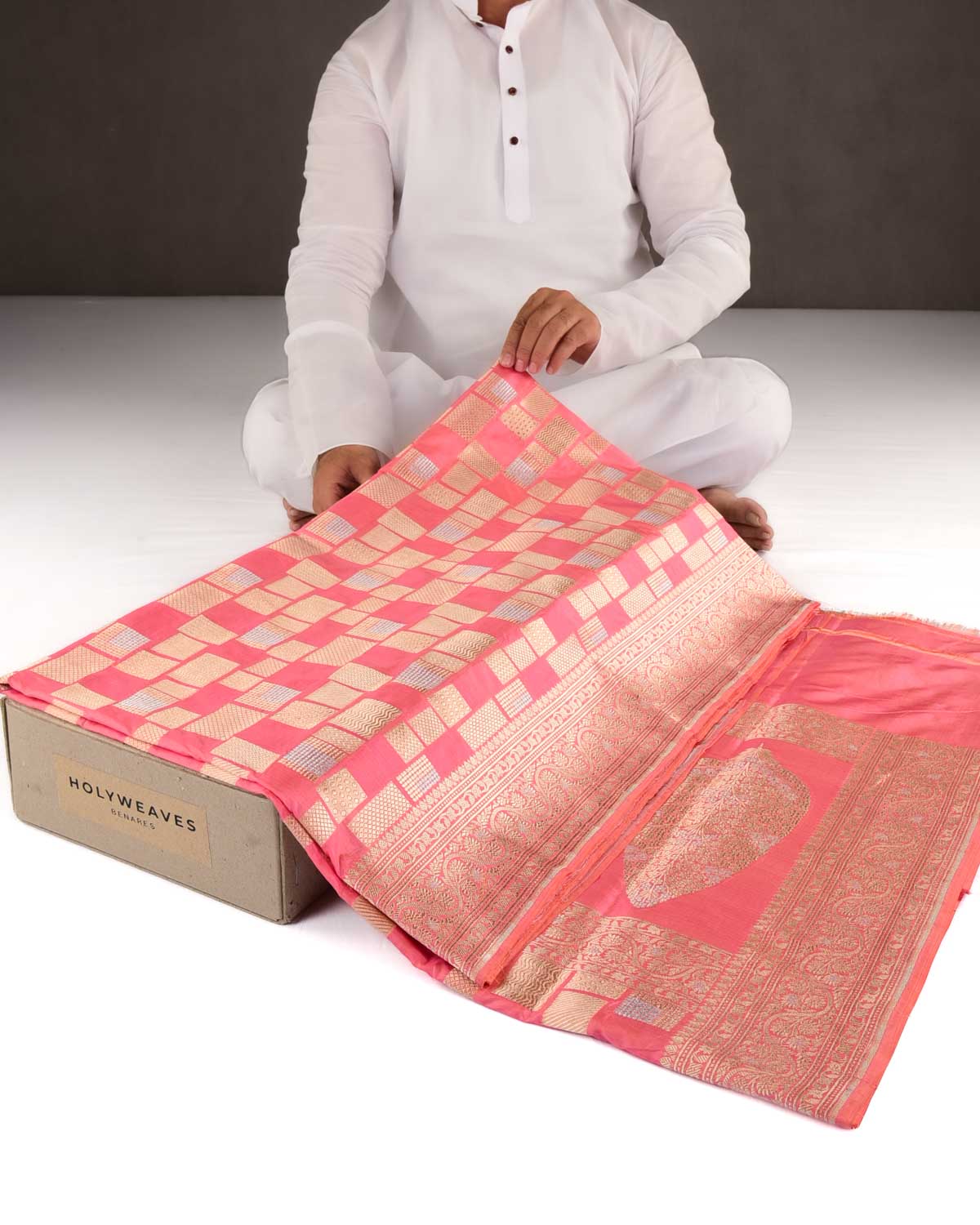 Light Coral Pink Banarasi Gold & Silver Zari Random Blocks Cutwork Brocade Handwoven Katan Silk Saree-HolyWeaves