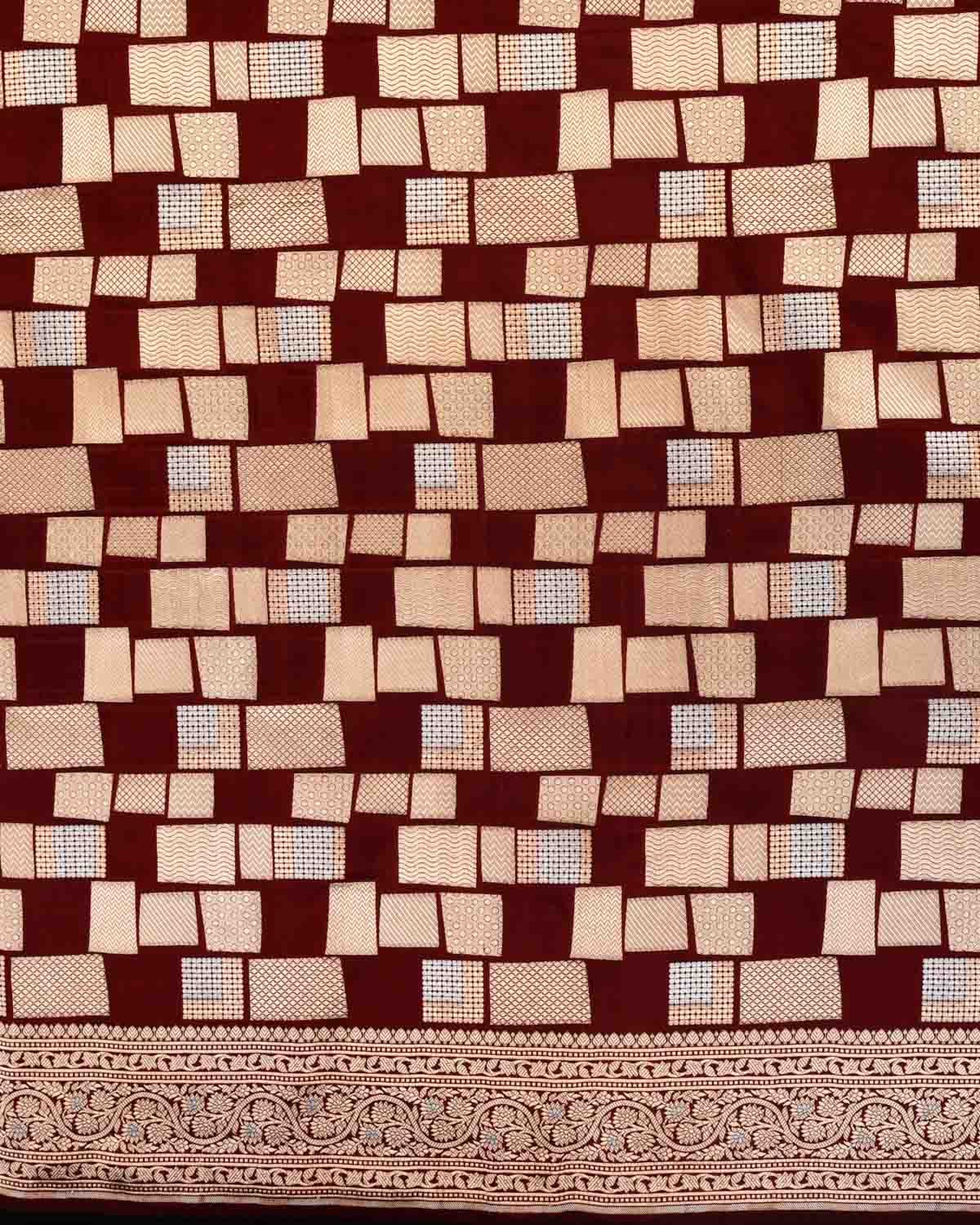 Maroon Banarasi Gold & Silver Zari Random Blocks Cutwork Brocade Handwoven Katan Silk Saree-HolyWeaves