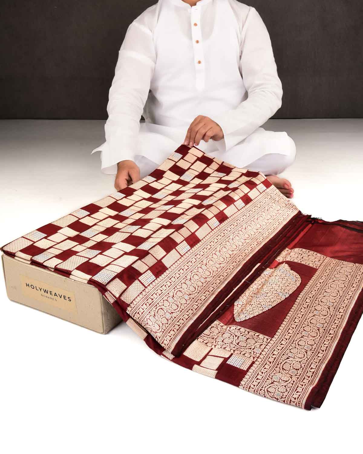 Maroon Banarasi Gold & Silver Zari Random Blocks Cutwork Brocade Handwoven Katan Silk Saree-HolyWeaves